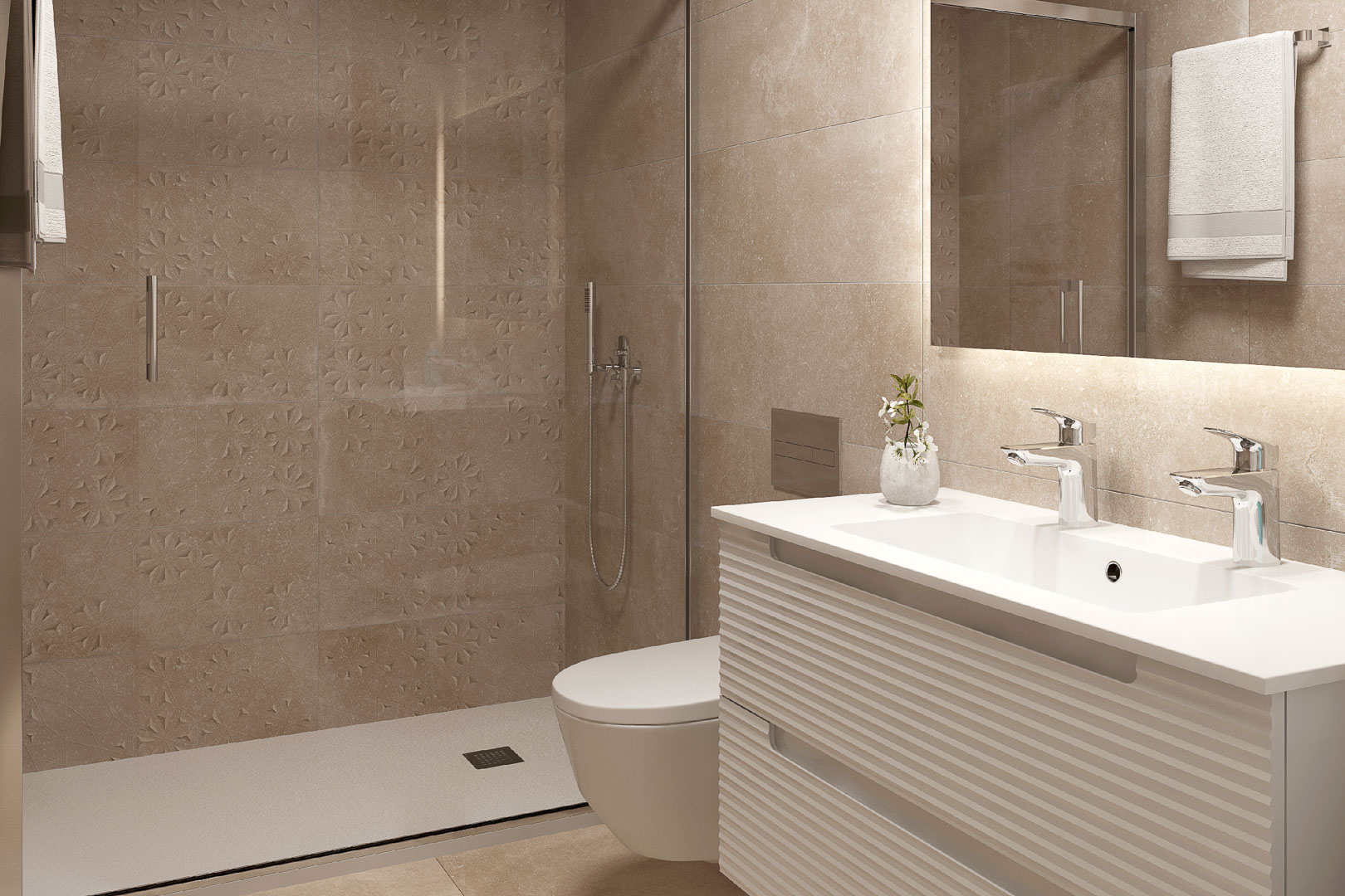 Salle de bain moderne avec douche à l'italienne, parois en grès cérame texturé et paroi vitrée. Meuble vasque suspendu avec double robinetterie et éclairage LED indirect.
