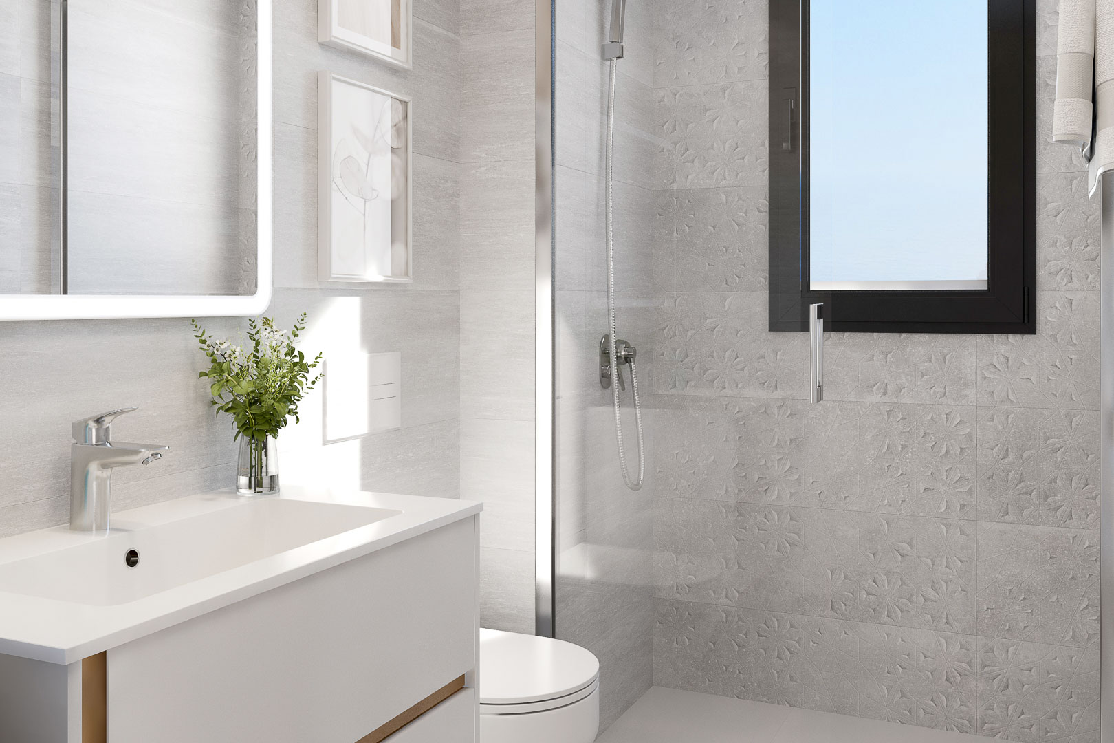 Salle de bain moderne avec meuble vasque blanc, miroir rétroéclairé et douche vitrée. Carrelage gris texturé et fenêtre à cadre noir apportant une luminosité naturelle constante.