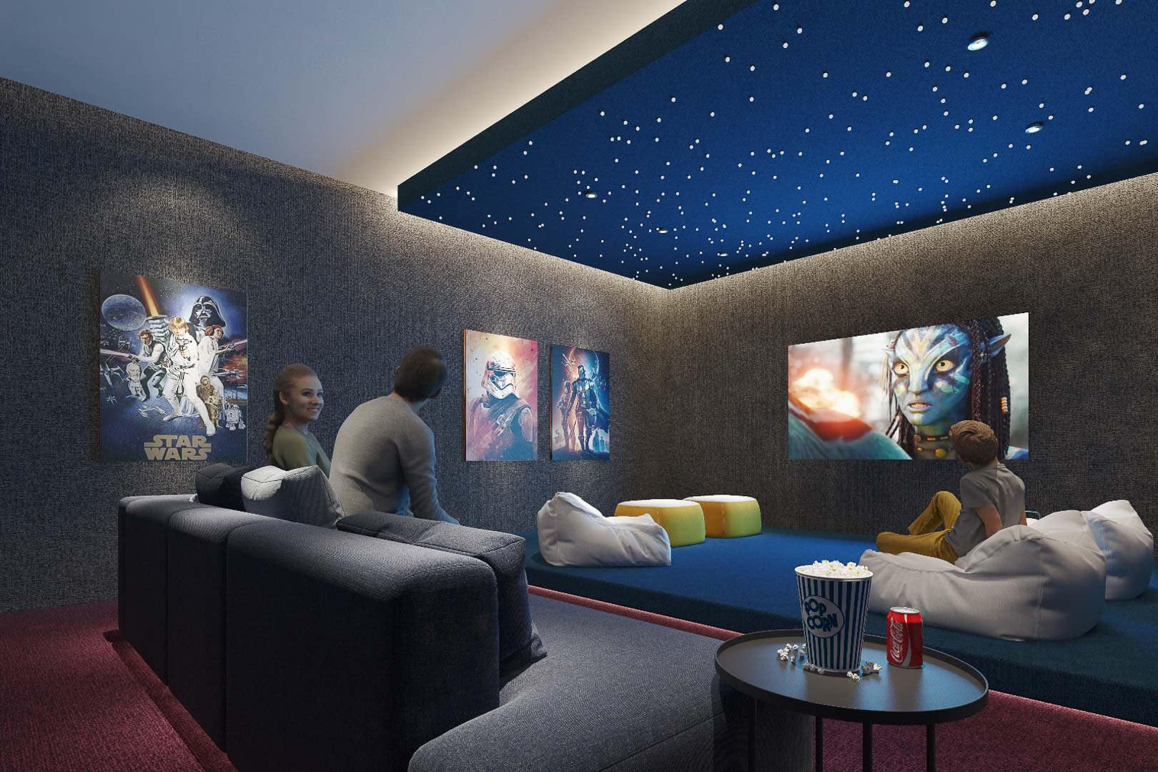 Salle de cinéma privée équipée de panneaux acoustiques, d'un plafond étoilé à fibres optiques et d'un grand écran de projection pour une expérience immersive.