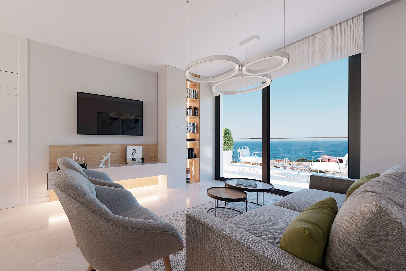 Salon contemporain avec sol en grès cérame, éclairage LED intégré et grandes baies vitrées offrant une vue panoramique sur la mer Méditerranée depuis la terrasse.