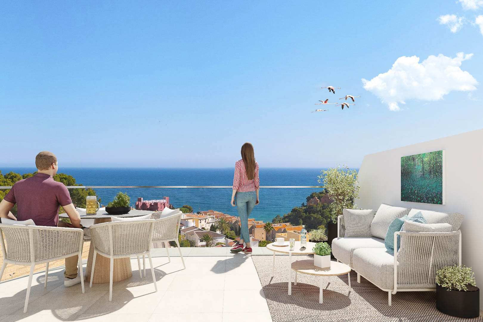 Terrasse privée avec garde-corps en verre, coin repas extérieur et salon. Elle offre une vue panoramique sur la mer Méditerranée et le paysage urbain de Calpe.