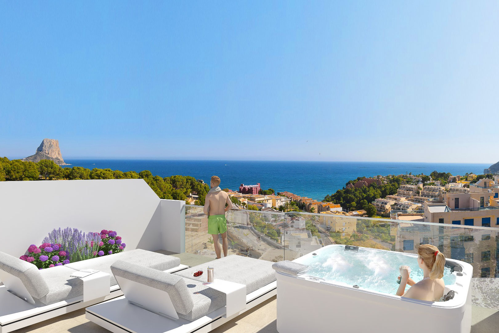 Terrasse privée avec jacuzzi, bains de soleil modernes et garde-corps en verre offrant une vue panoramique sur la mer Méditerranée et le Peñón de Ifach.