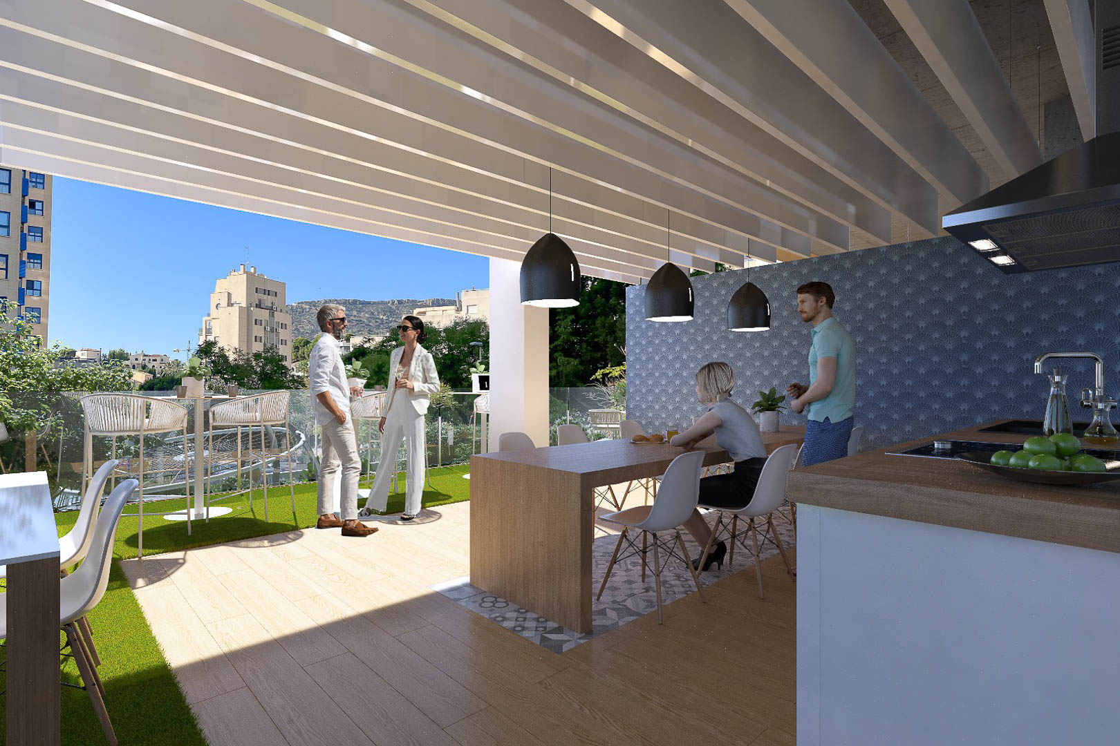 Terrasse sociale spacieuse avec cuisine extérieure, pergola à lames blanches, table en bois et zone de gazon artificiel avec vue sur Calpe.
