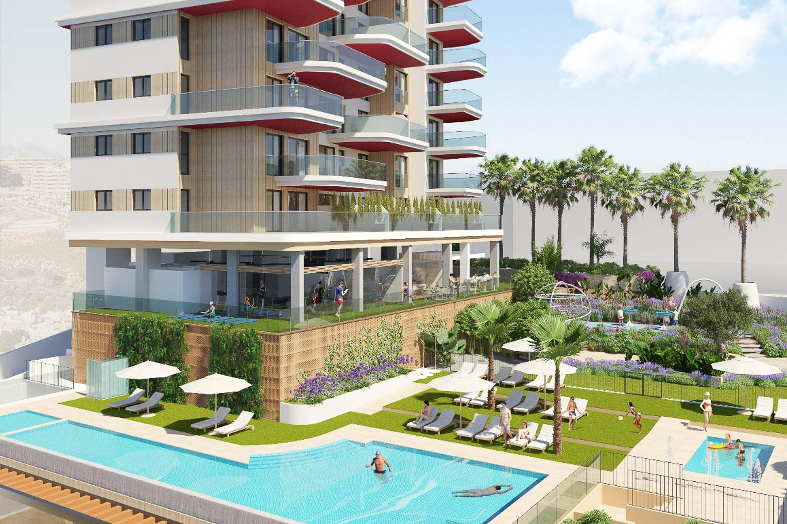 Vue extérieure des espaces communs avec piscine de nage, solarium, jardins paysagers et salle de sport vitrée sous les balcons contemporains.