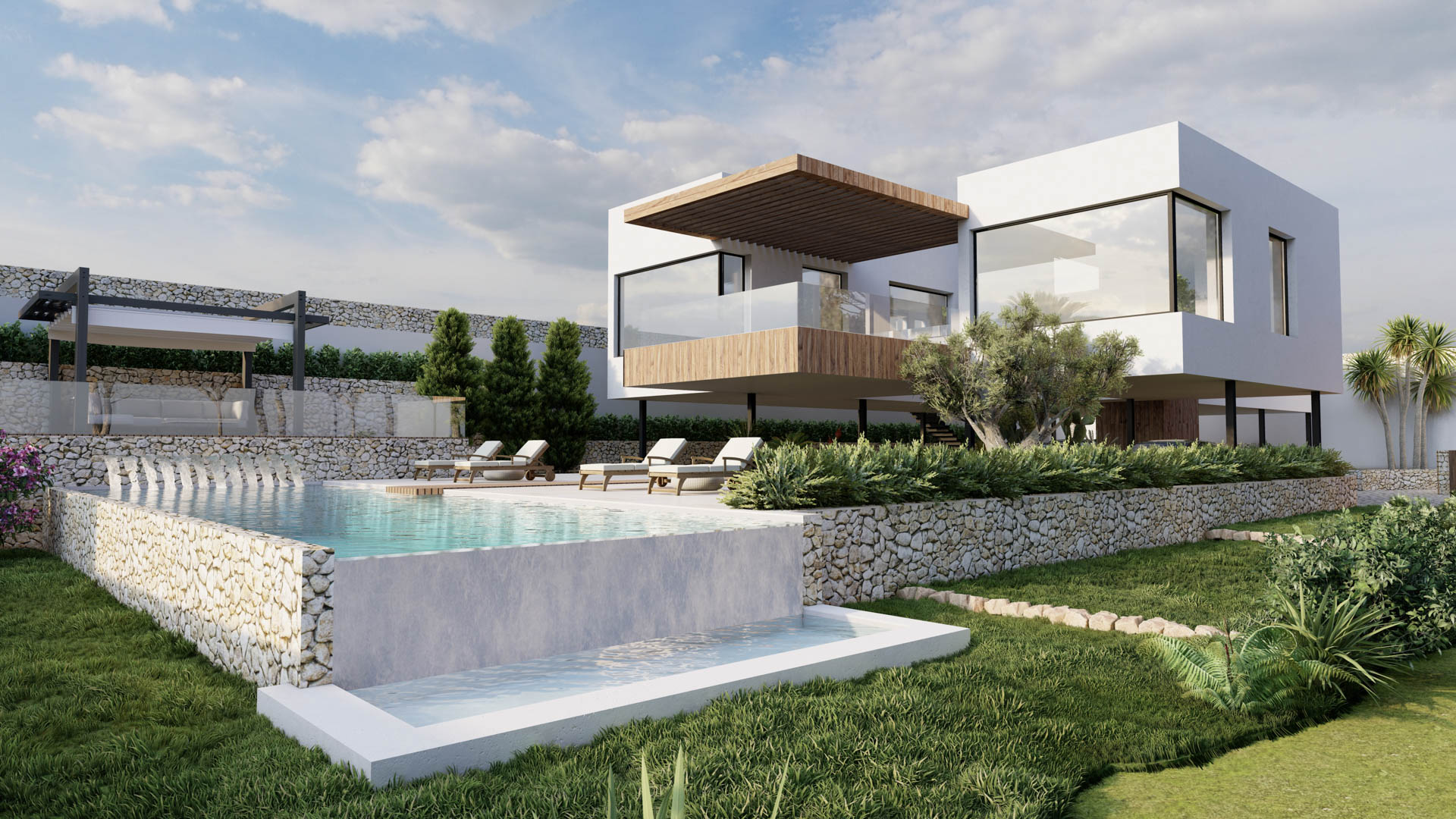 Extérieur de villa moderne avec piscine à débordement en pierre, terrasses suspendues en bois et jardin méditerranéen avec murs en pierre sèche.