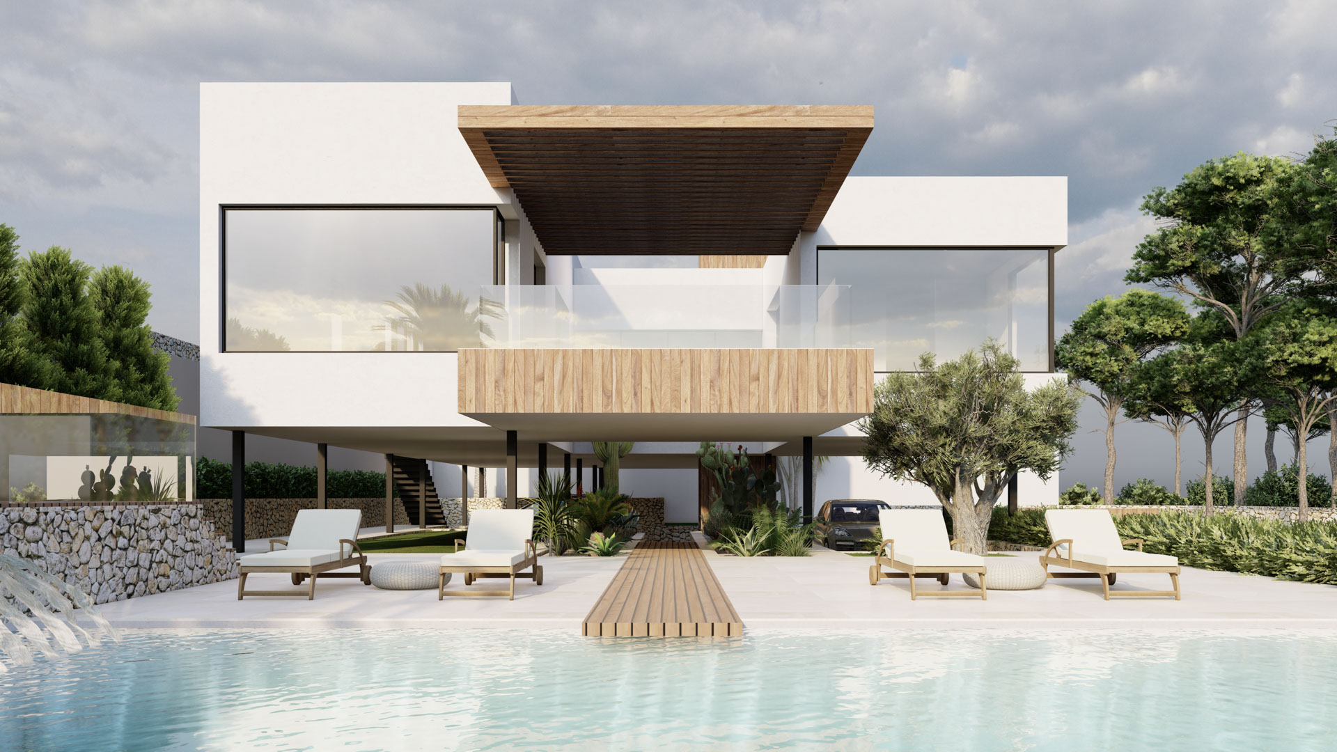 Façade contemporaine aux accents de bois naturel, dotée de larges baies vitrées et d'une piscine avec terrasse en pierre, transats et jardin méditerranéen soigné.