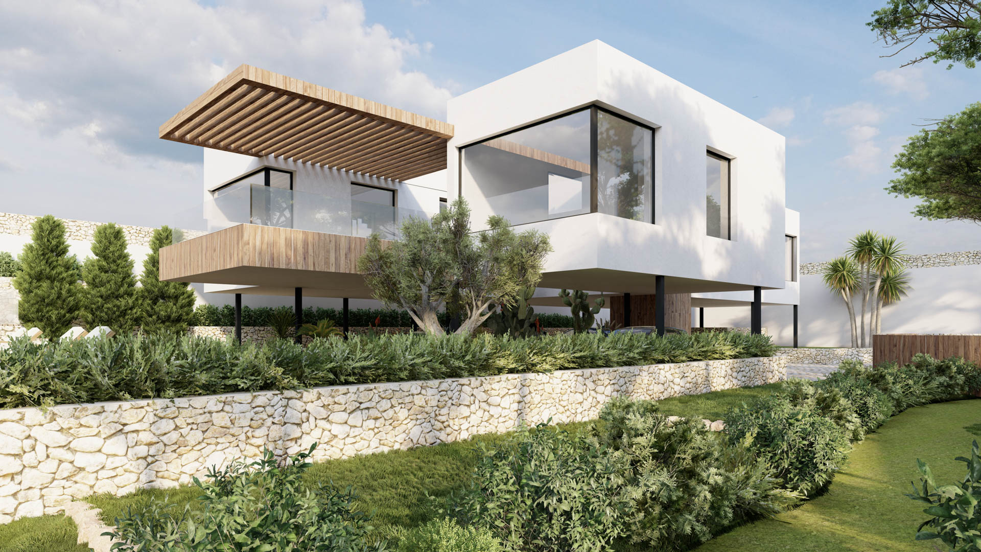 Façade de villa moderne avec volumes en porte-à-faux, pergolas en bois et garde-corps en verre, entourée de murs en pierre sèche et jardins.