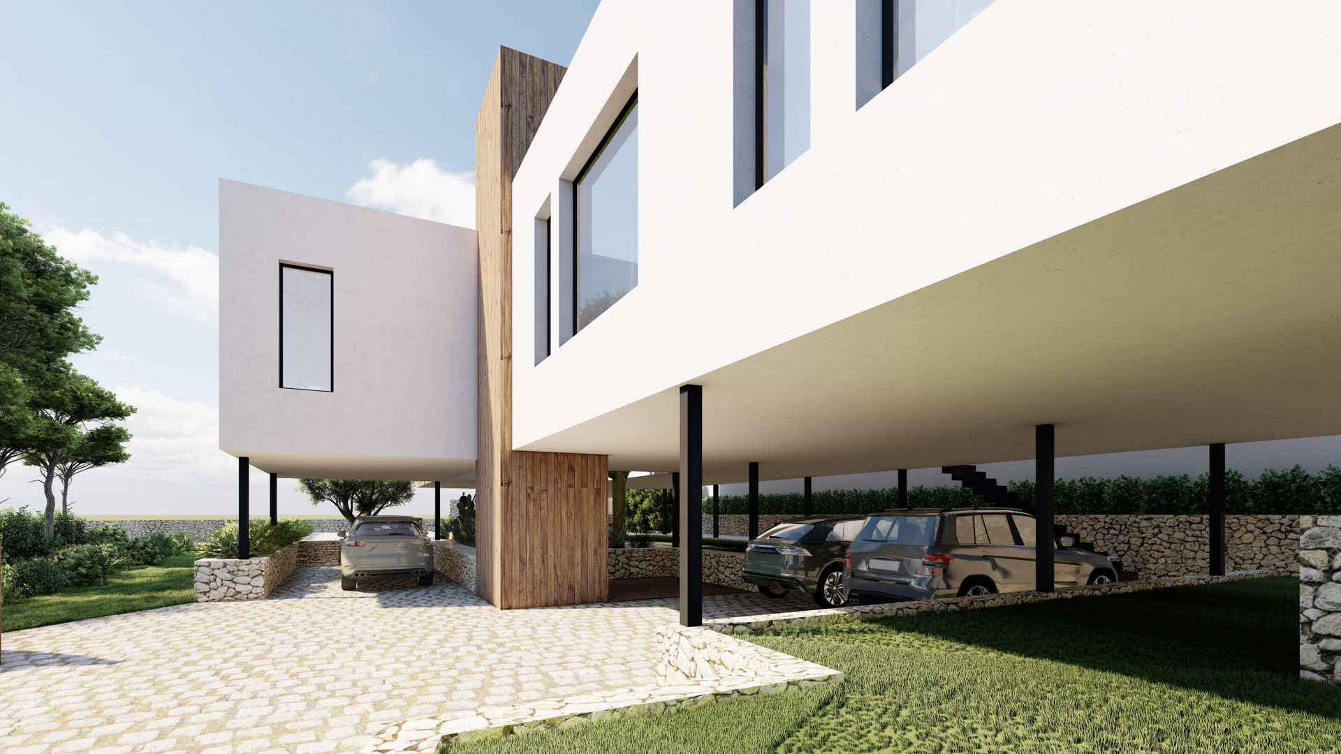 Façade moderne aux volumes blancs en surplomb et accents de bois, intégrant un vaste parking couvert avec pavés et murets en pierre naturelle.