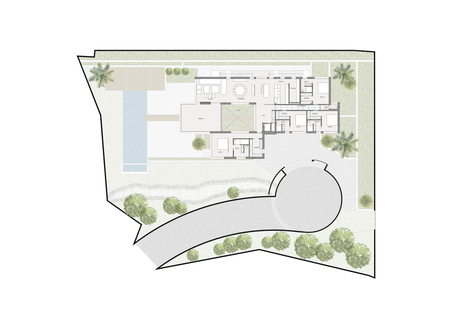 Plan architectural détaillé illustrant la disposition de la villa, comprenant quatre suites, des espaces de vie ouverts, un patio central et une piscine extérieure.