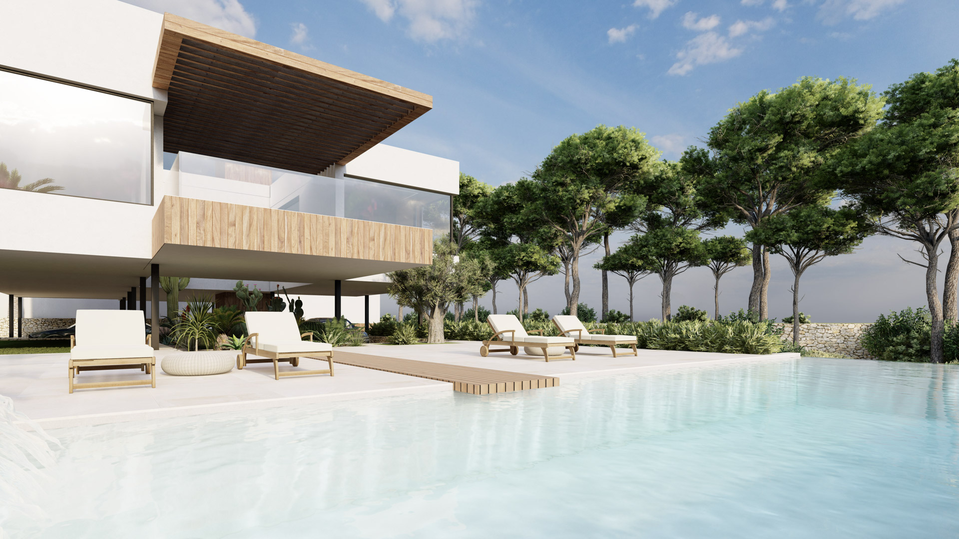 Terrasse extérieure avec piscine à débordement, bains de soleil en bois et architecture moderne avec finitions en bois naturel et garde-corps en verre.