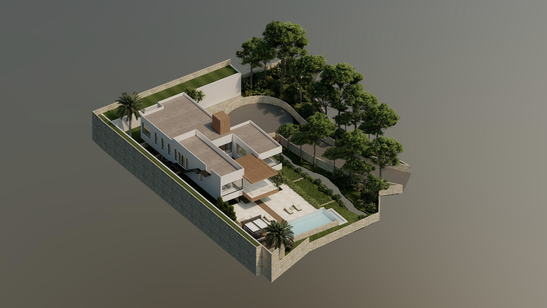 Vue aérienne isométrique du projet illustrant l'architecture moderne, la piscine, les terrasses et l'aménagement paysager méditerranéen sur un terrain clos.