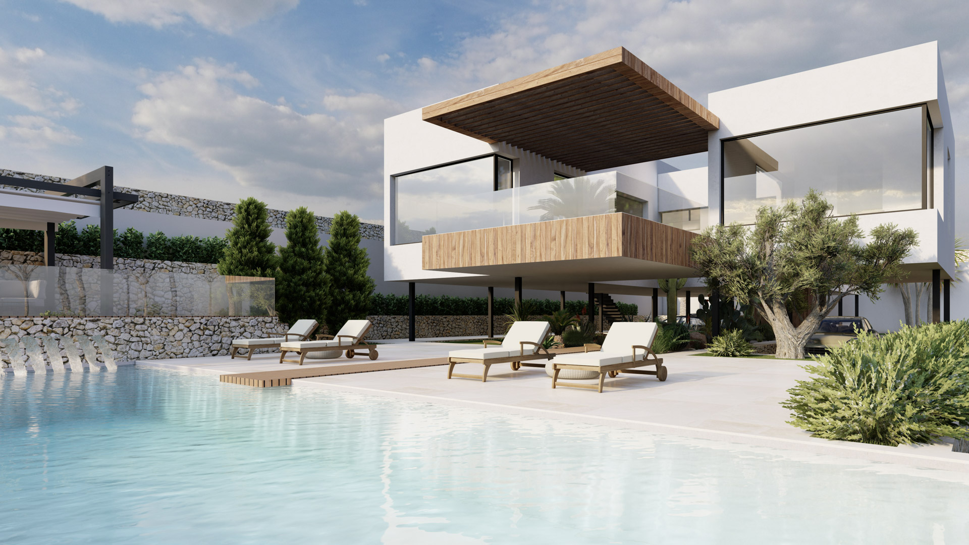 Vue extérieure de la piscine avec terrasse en pierre claire, bains de soleil et façade minimaliste mêlant porte-à-faux en bois et murs en pierre traditionnelle.