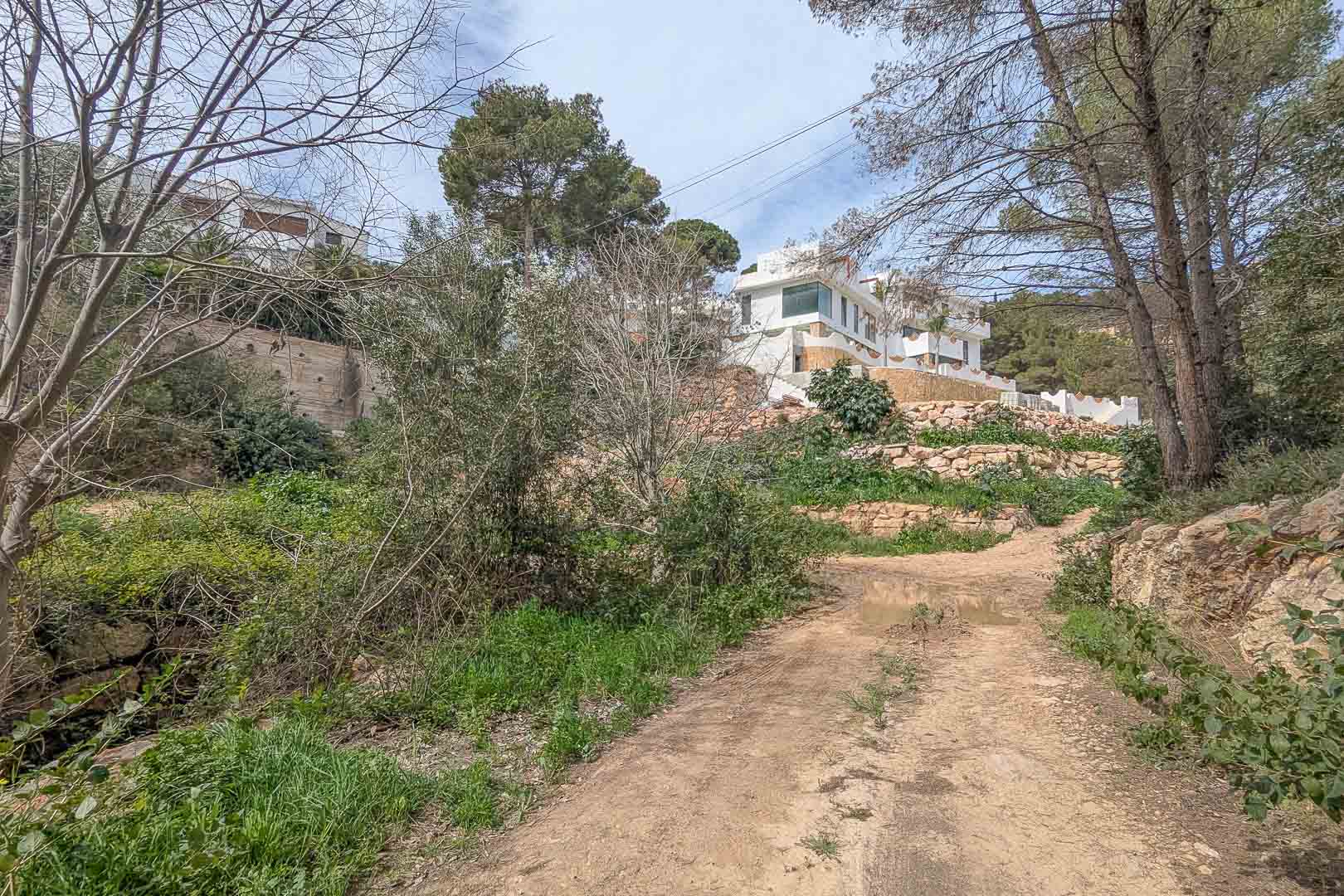 Vue extérieure depuis le chemin d'accès illustrant le terrain en restanques de pierres sèches et la villa blanche située en position dominante.