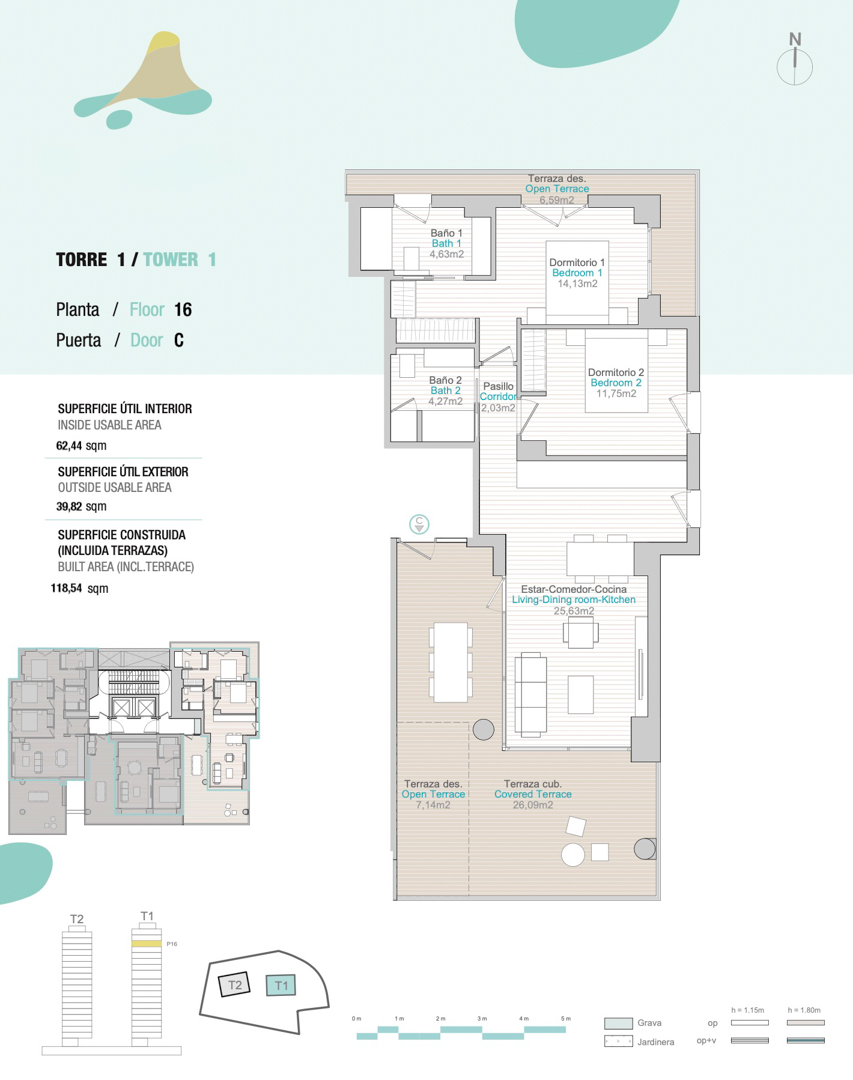 Plan d'étage de l'appartement C, Tour 1, 16ème étage, comprenant deux chambres, deux salles de bains et une vaste terrasse couverte de 26 m² attenante au séjour.
