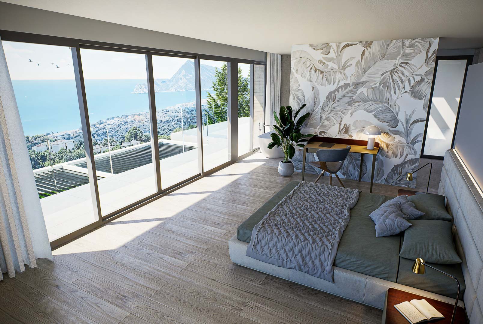 Chambre principale avec baies vitrées offrant une vue panoramique sur la mer, sol en grès cérame imitation bois et mur décoratif au motif botanique.