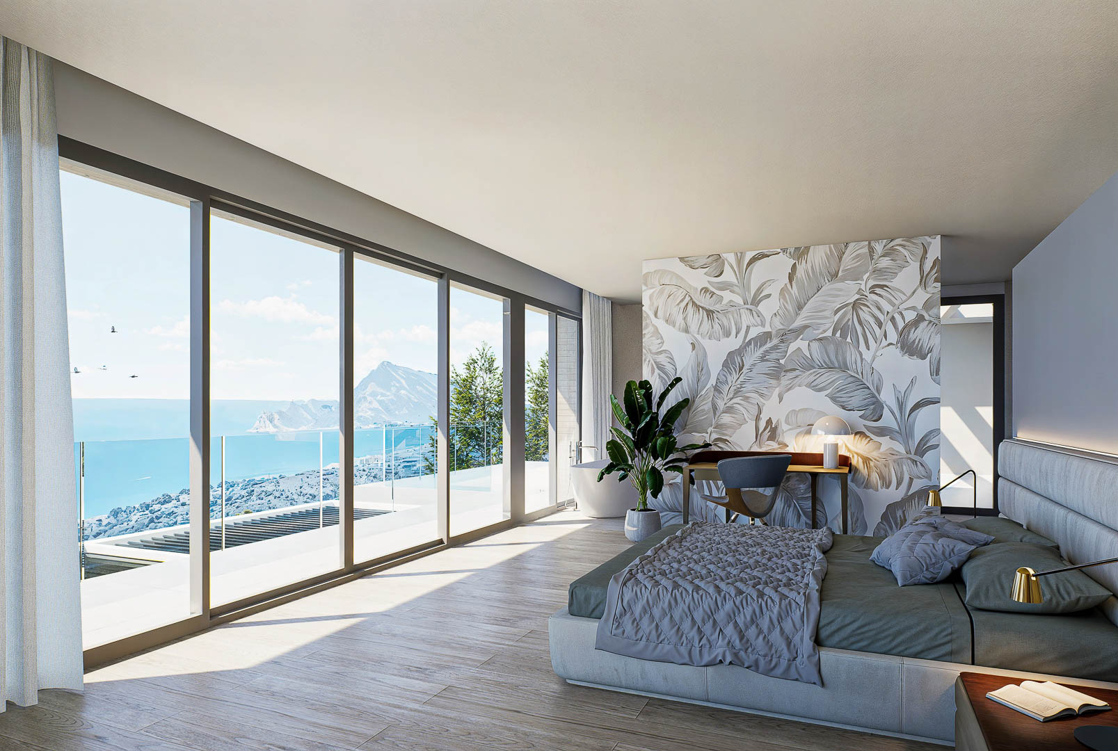 Chambre principale avec baies vitrées offrant une vue sur mer, sol en grès cérame imitation bois et un coin bureau agrémenté d'un papier peint à motif feuillage.