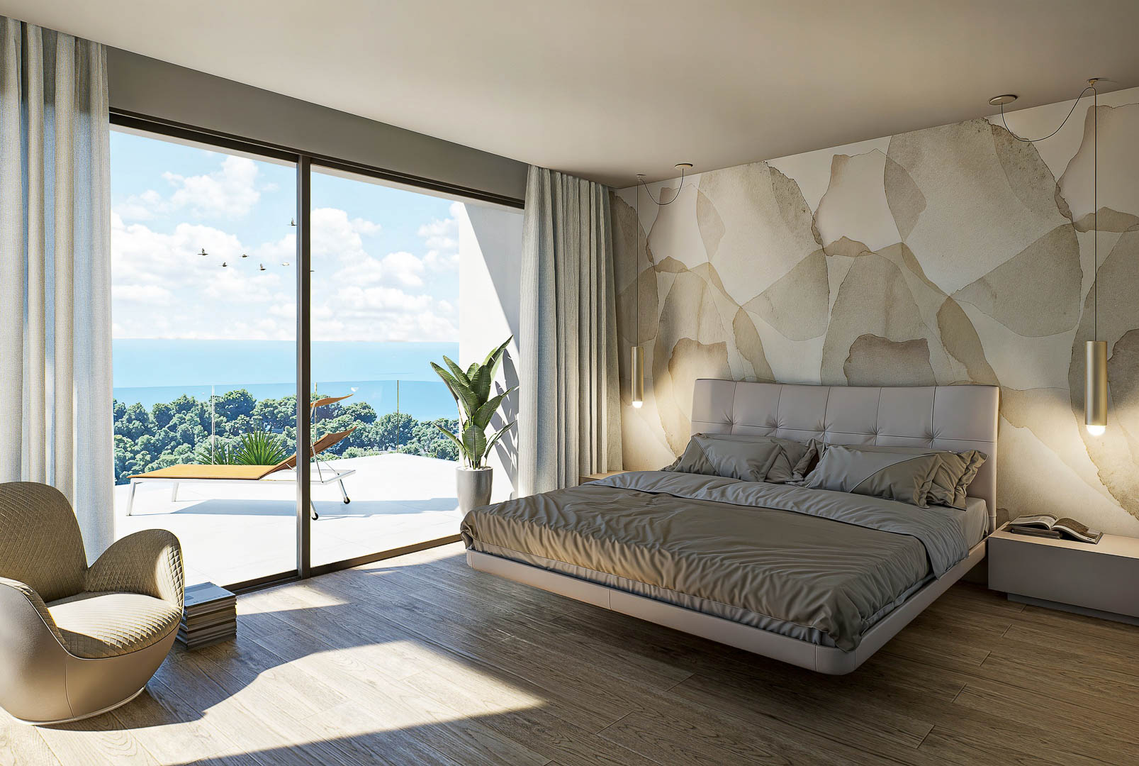 Chambre principale avec baies vitrées toute hauteur, accès à une terrasse privée vue mer, parquet au sol et mur d'accent au design artistique moderne.