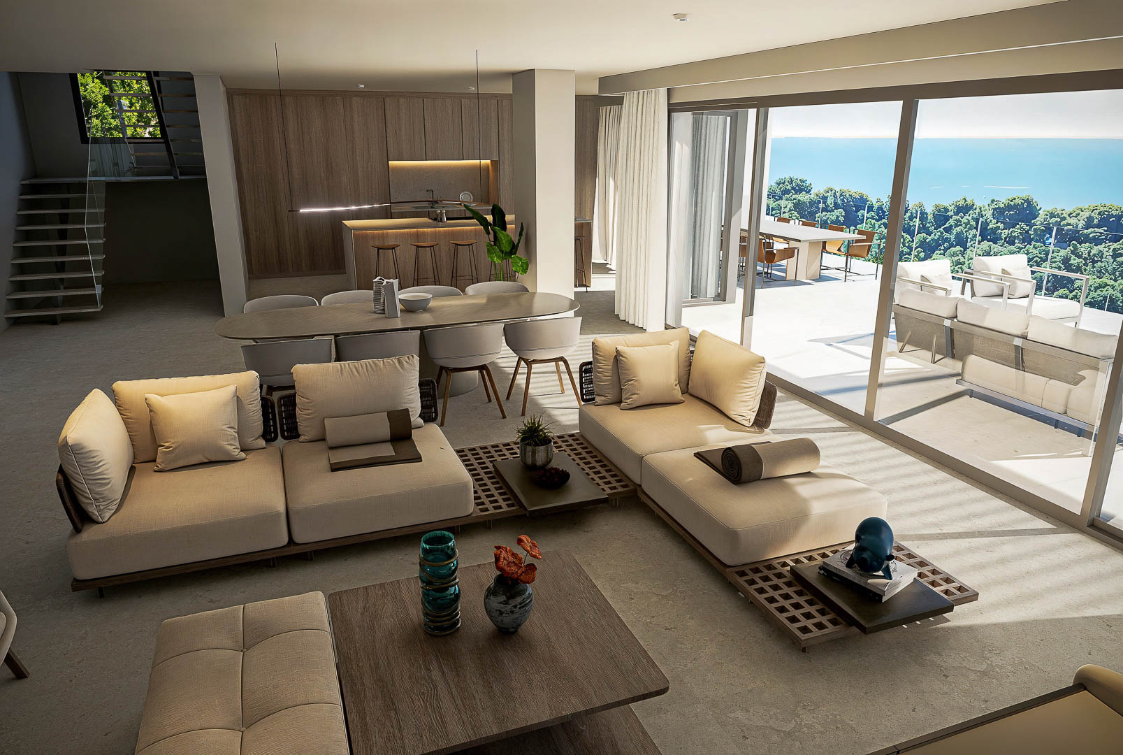 Espace de vie ouvert comprenant un salon moderne, une salle à manger et une cuisine intégrée. Les baies vitrées offrent un accès direct à la terrasse et une vue sur la mer.