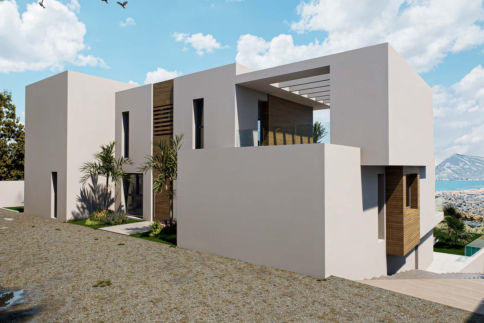 Façade moderne aux lignes épurées avec parements en bois, terrasses spacieuses et garde-corps en verre offrant une vue imprenable sur la mer.