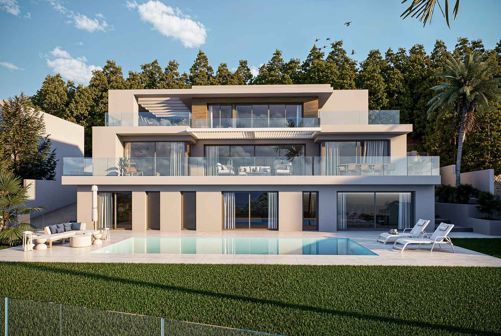 Façade moderne sur trois niveaux avec terrasses en verre. Comprend une piscine, un espace détente avec transats et un jardin paysager bordé par la forêt.