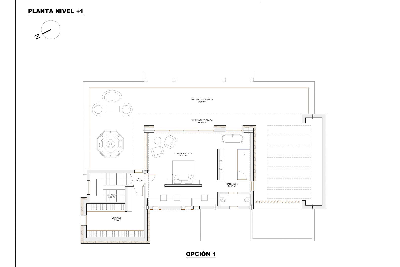 Plan d'architecte du niveau +1 présentant une suite parentale avec dressing, salle de bain attenante et une vaste terrasse de 114 m² divisée en zones couvertes et découvertes.
