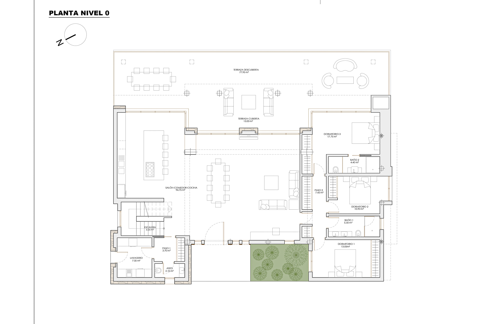 Plan détaillé du niveau 0 présentant un séjour-cuisine ouvert de 94 m², trois chambres et une vaste terrasse de 77 m² avec espaces de détente extérieurs.