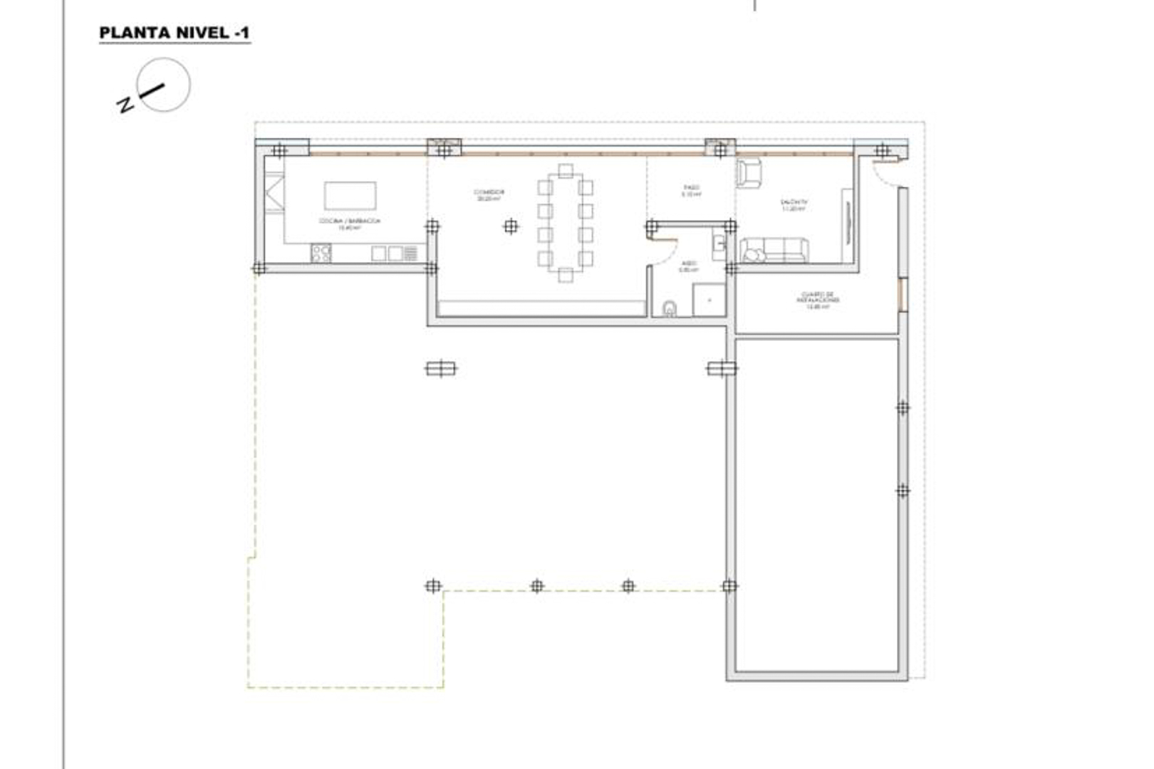 Plan du Niveau -1 détaillant l'agencement de la cuisine-barbecue, salle à manger, salon TV, toilettes et local technique avec accès à la terrasse.