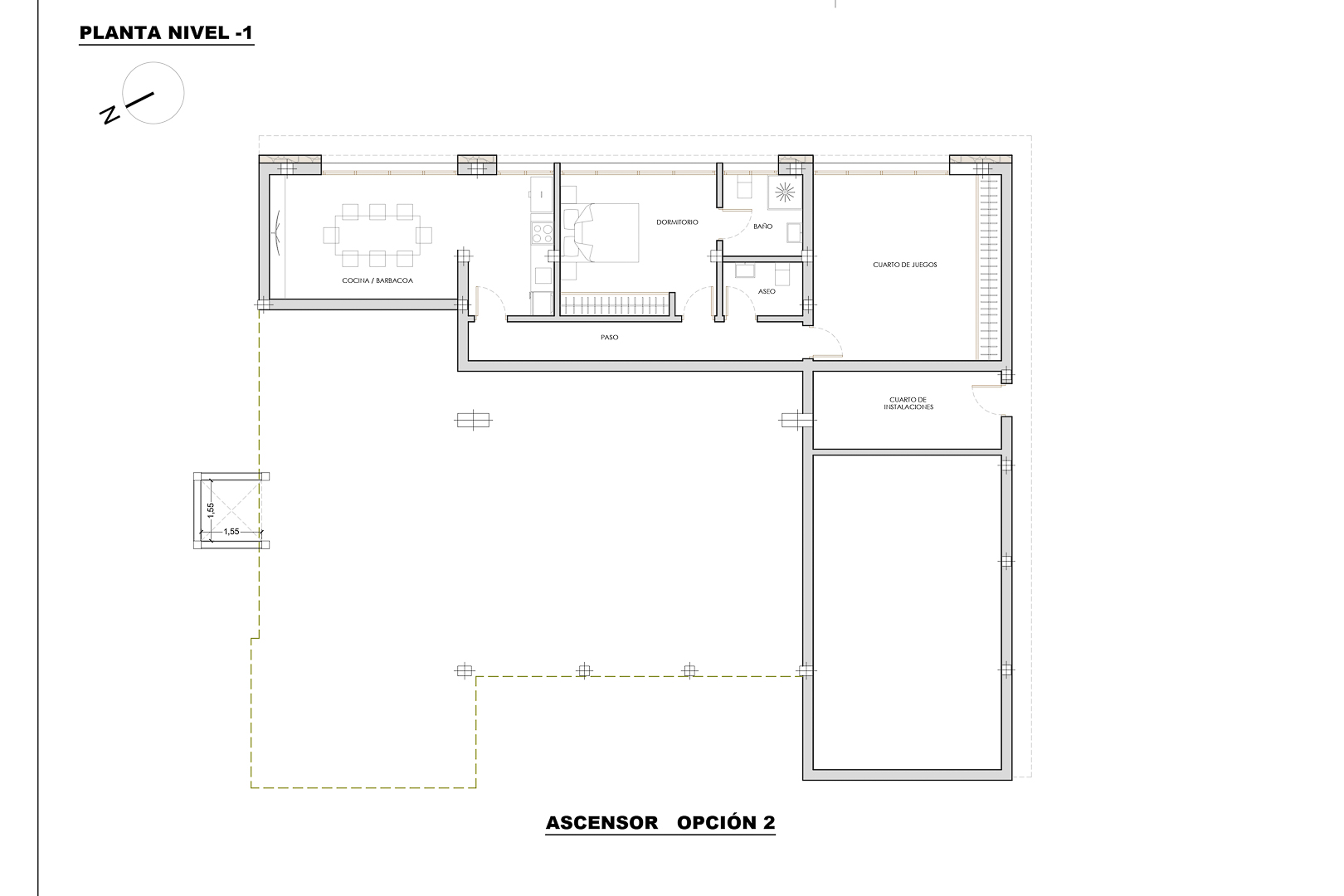 Plan technique du niveau -1 illustrant l'agencement de la cuisine-barbecue, d'une chambre avec salle de bain, d'une salle de jeux et des locaux techniques.