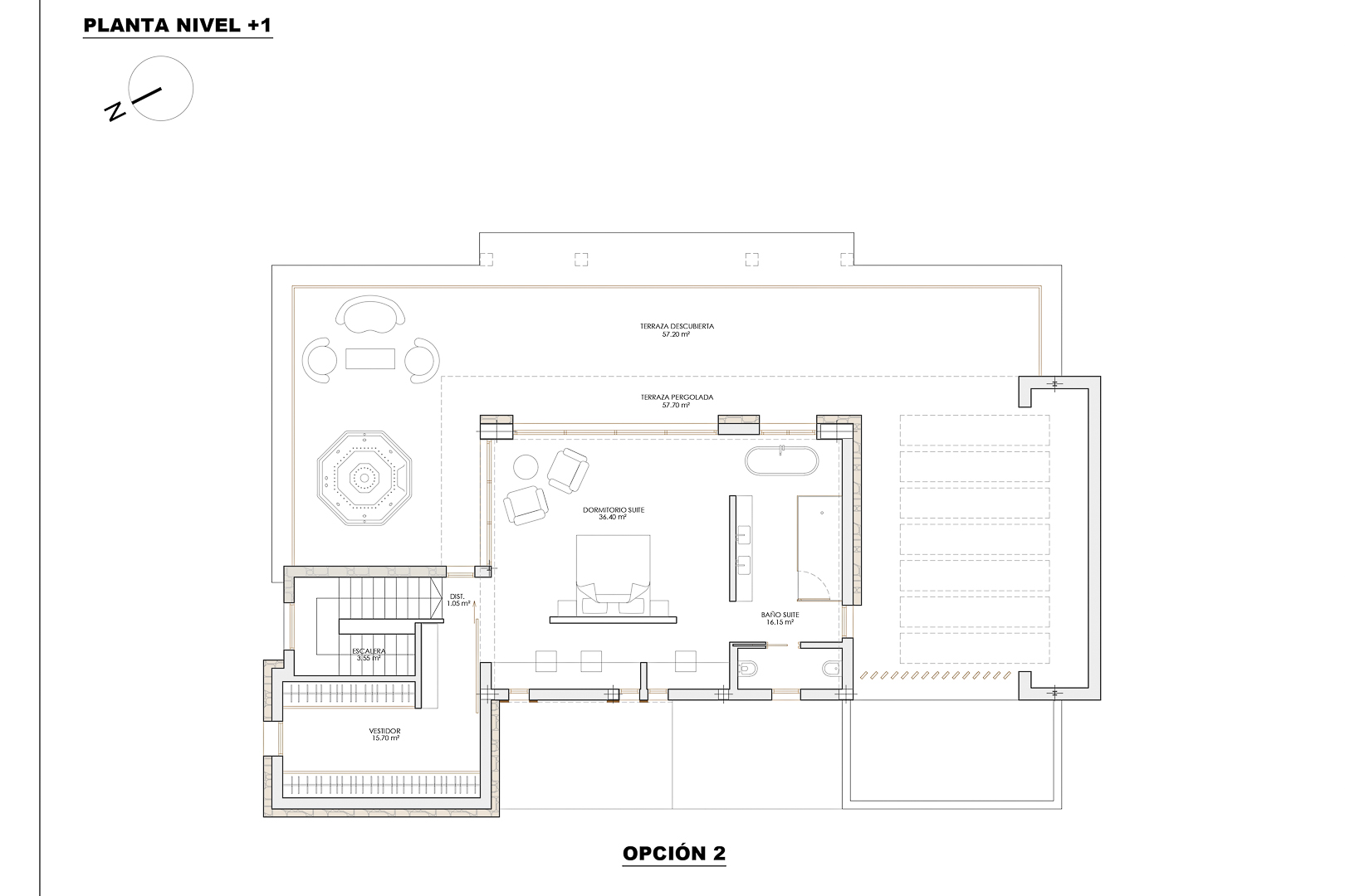 Plan technique du niveau +1, option 2, détaillant une suite de 36 m² avec dressing, salle de bain et plus de 110 m² de terrasses privatives couvertes et découvertes.