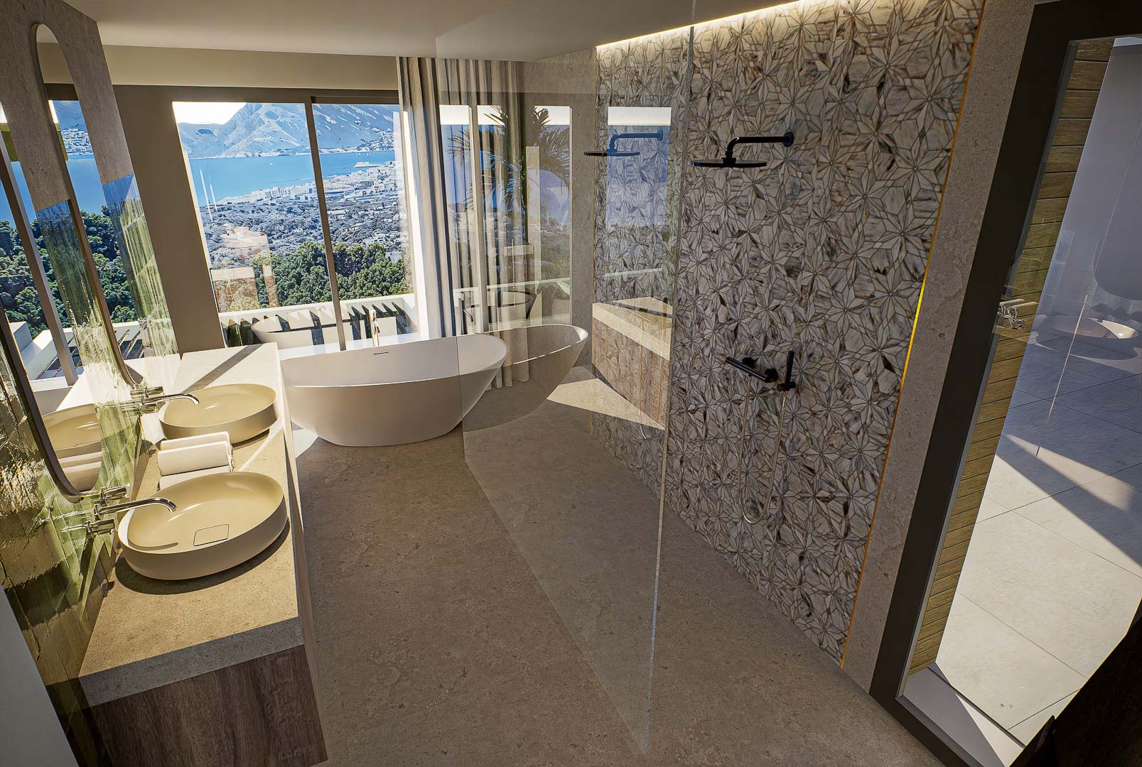 Salle de bains avec double vasque, baignoire îlot et douche à l'italienne aux motifs géométriques. La baie vitrée offre une vue dégagée sur la mer et la côte d'Altea.