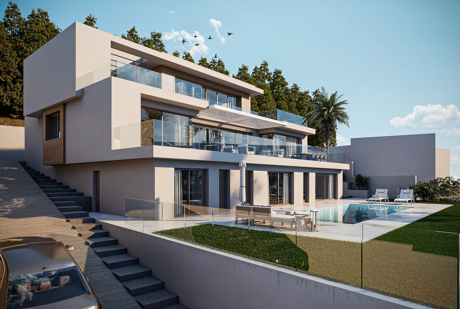Villa contemporaine sur trois niveaux avec façades épurées, terrasses vitrées et espace piscine entouré de dalles en grès cérame et d'un jardin soigné.