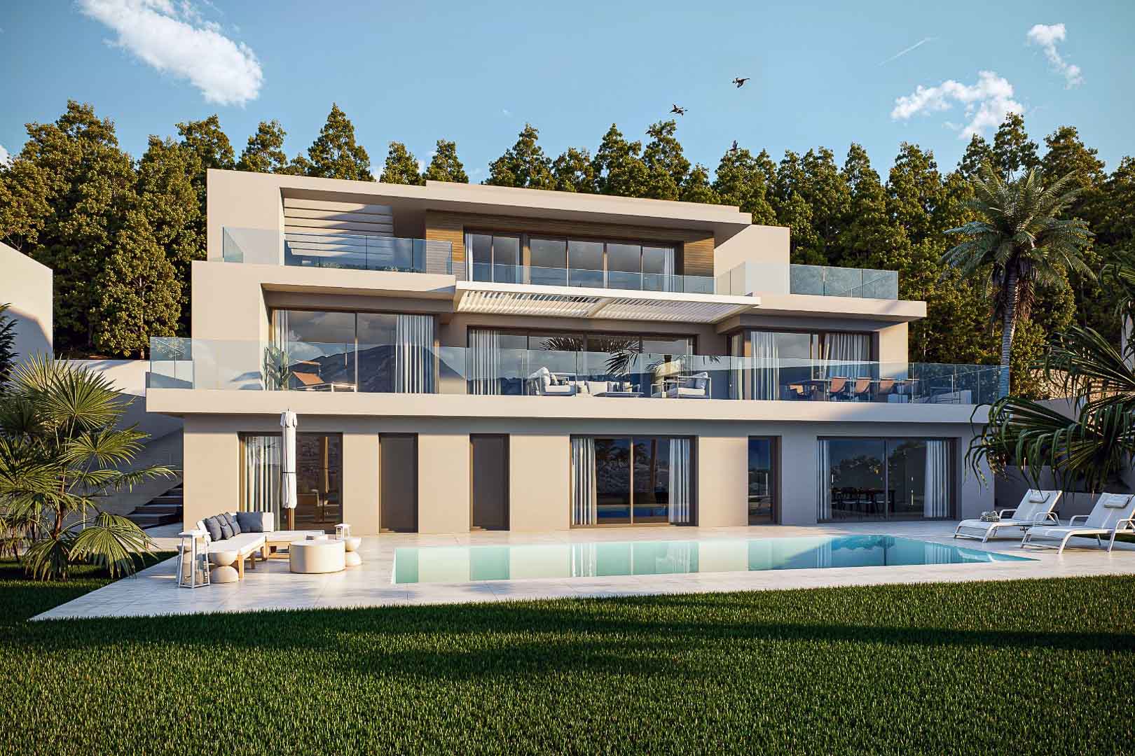 Villa moderne sur trois niveaux avec de larges baies vitrées, des terrasses en cascade et une piscine rectangulaire intégrée dans un jardin paysager.