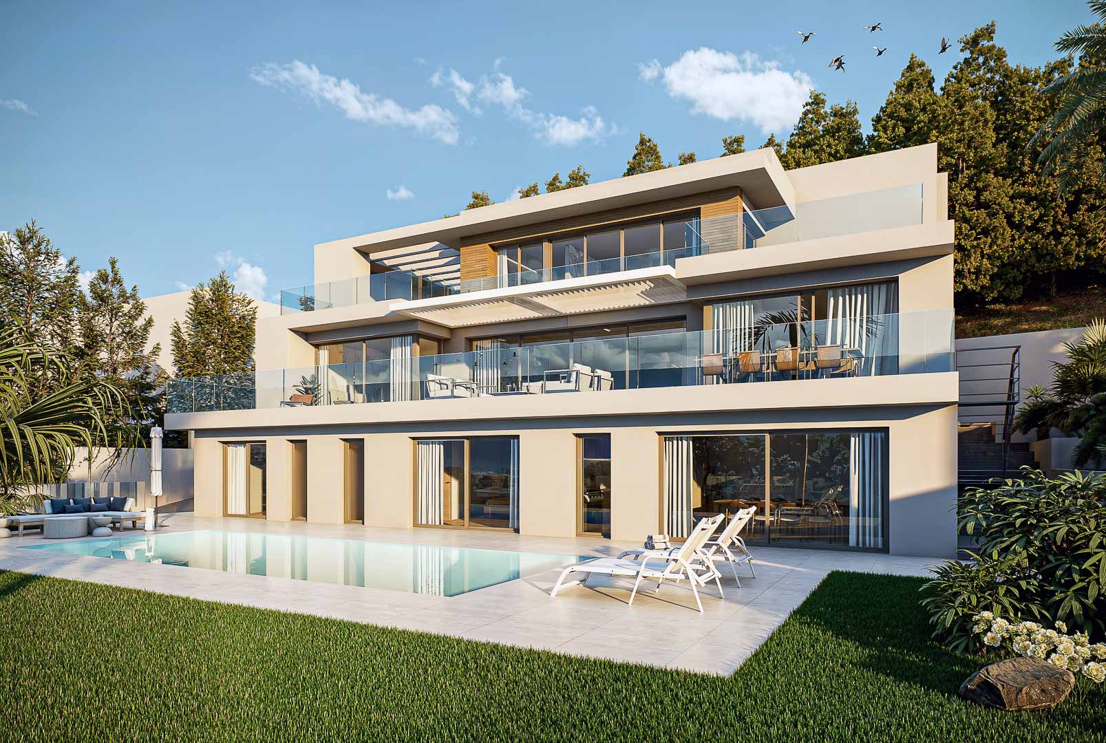Villa moderne sur trois niveaux avec de larges baies vitrées, des terrasses en verre et une piscine extérieure entourée d'un dallage en porcelaine et d'un jardin.