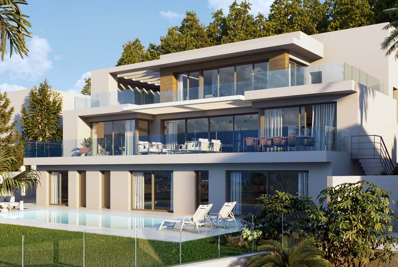 Villa moderne sur trois niveaux avec terrasses en cascade, garde-corps en verre et piscine entourée d'un jardin paysager soigné.