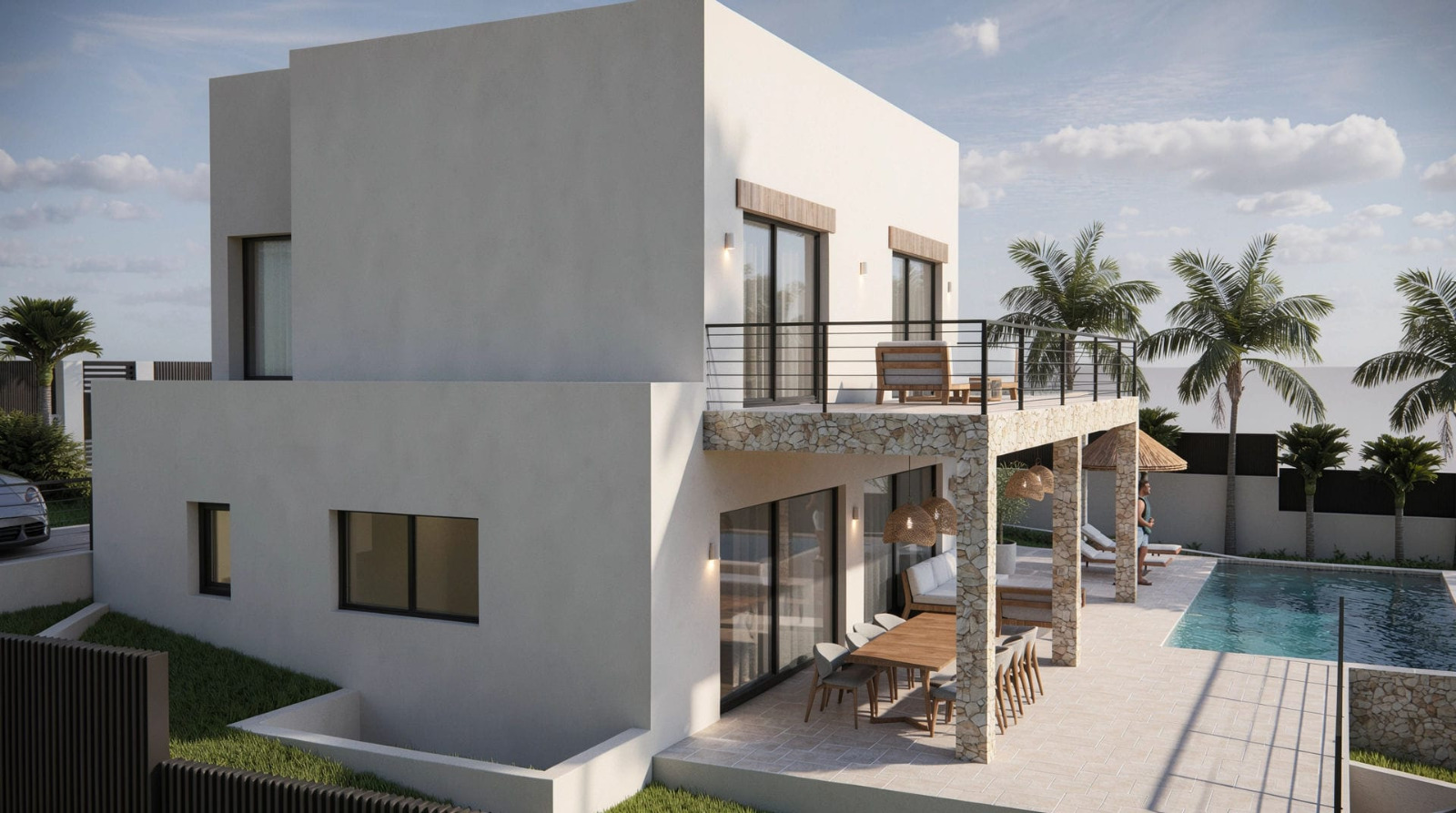 Extérieur de la villa moderne avec façade blanche, naya en pierre naturelle, grande terrasse supérieure avec garde-corps noir et piscine entourée de palmiers.