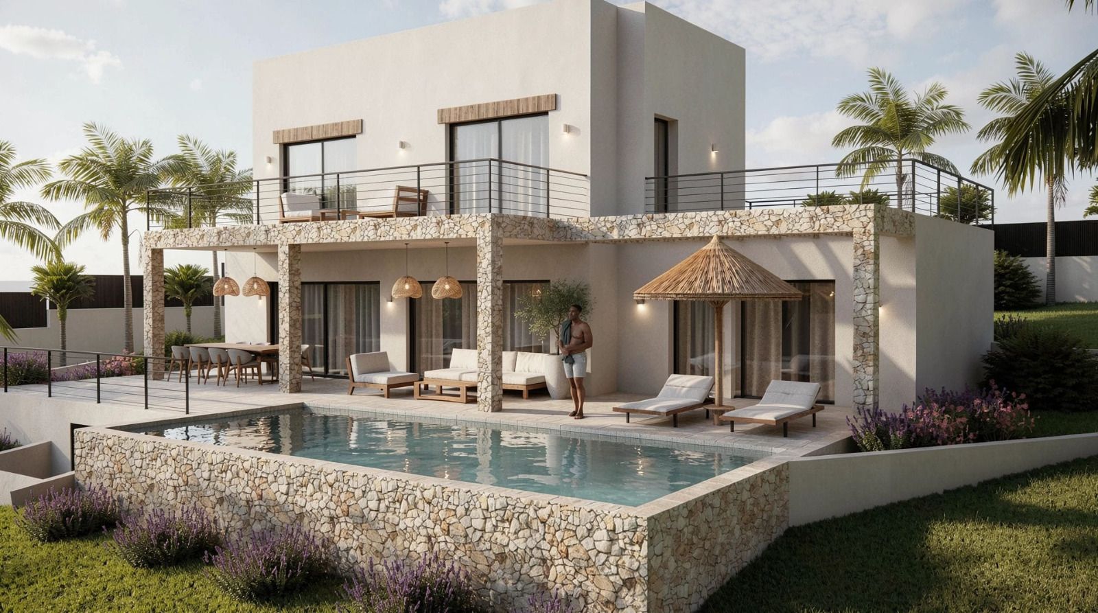 Extérieur d'une villa moderne avec piscine en pierre, grande terrasse couverte à piliers en maçonnerie et balcon à l'étage avec garde-corps noirs et jardin.