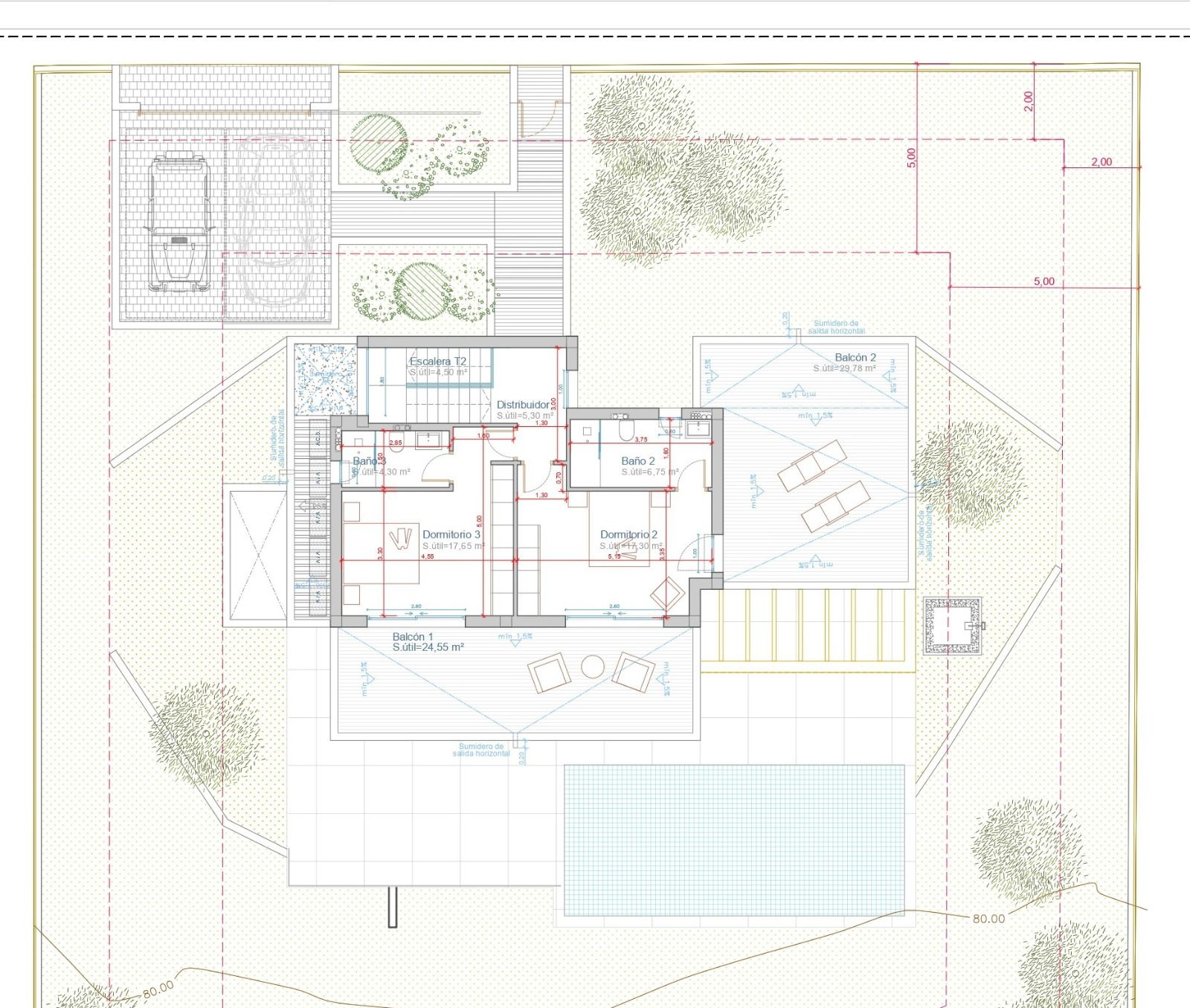 Plan d'architecte de l'étage supérieur illustrant deux chambres avec salles de bains attenantes et de grandes terrasses privatives surplombant la piscine.