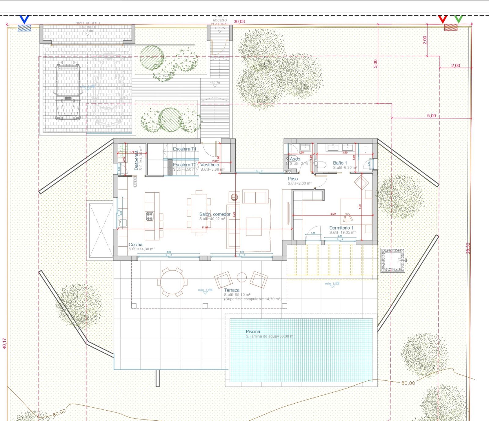 Plan d'architecte du rez-de-chaussée montrant le salon-salle à manger, la cuisine ouverte, une chambre avec salle de bain et la vaste terrasse avec piscine.