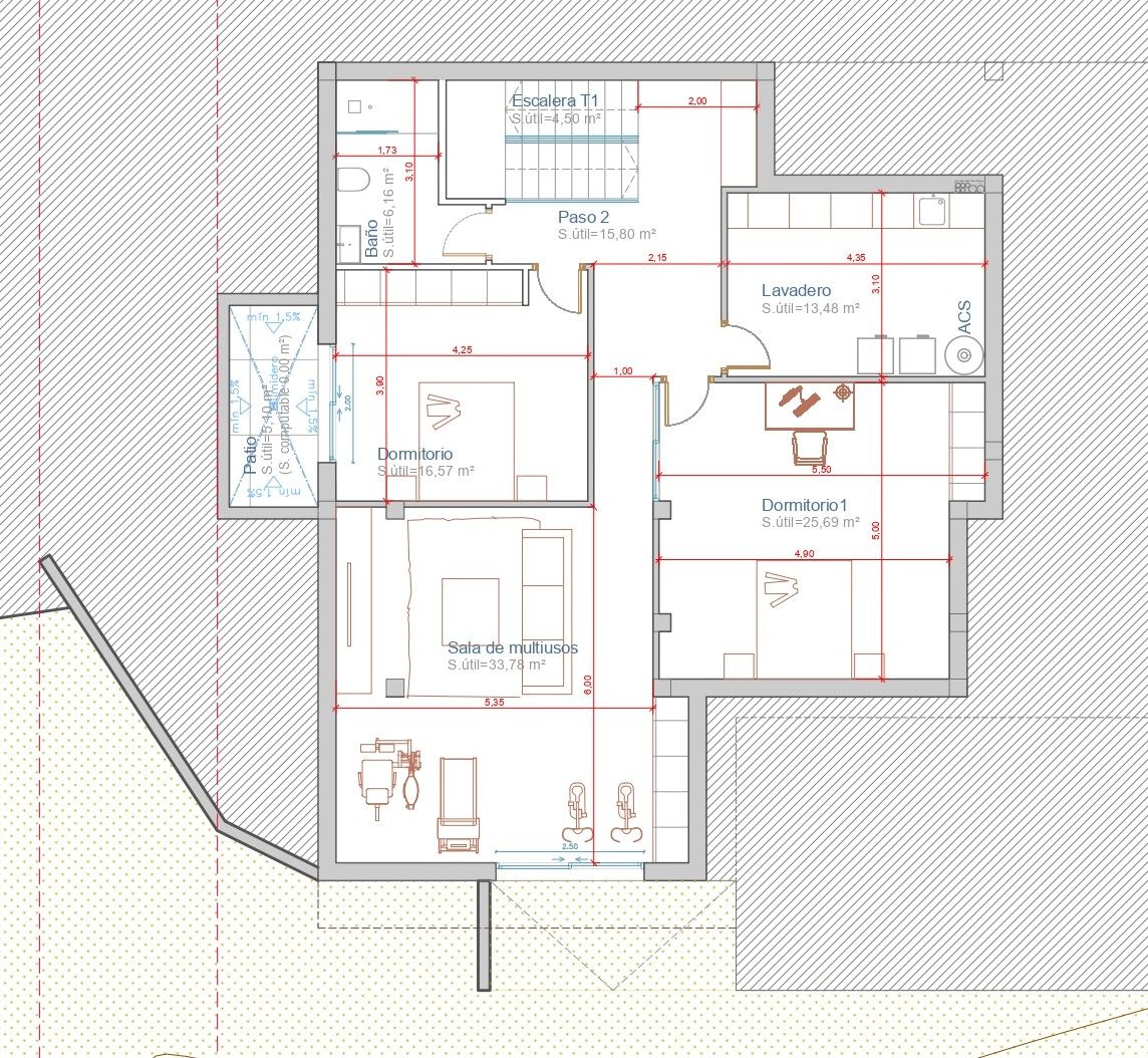 Plan technique du sous-sol illustrant deux chambres doubles, une salle de bain, une buanderie et un espace polyvalent de 33,78 m².