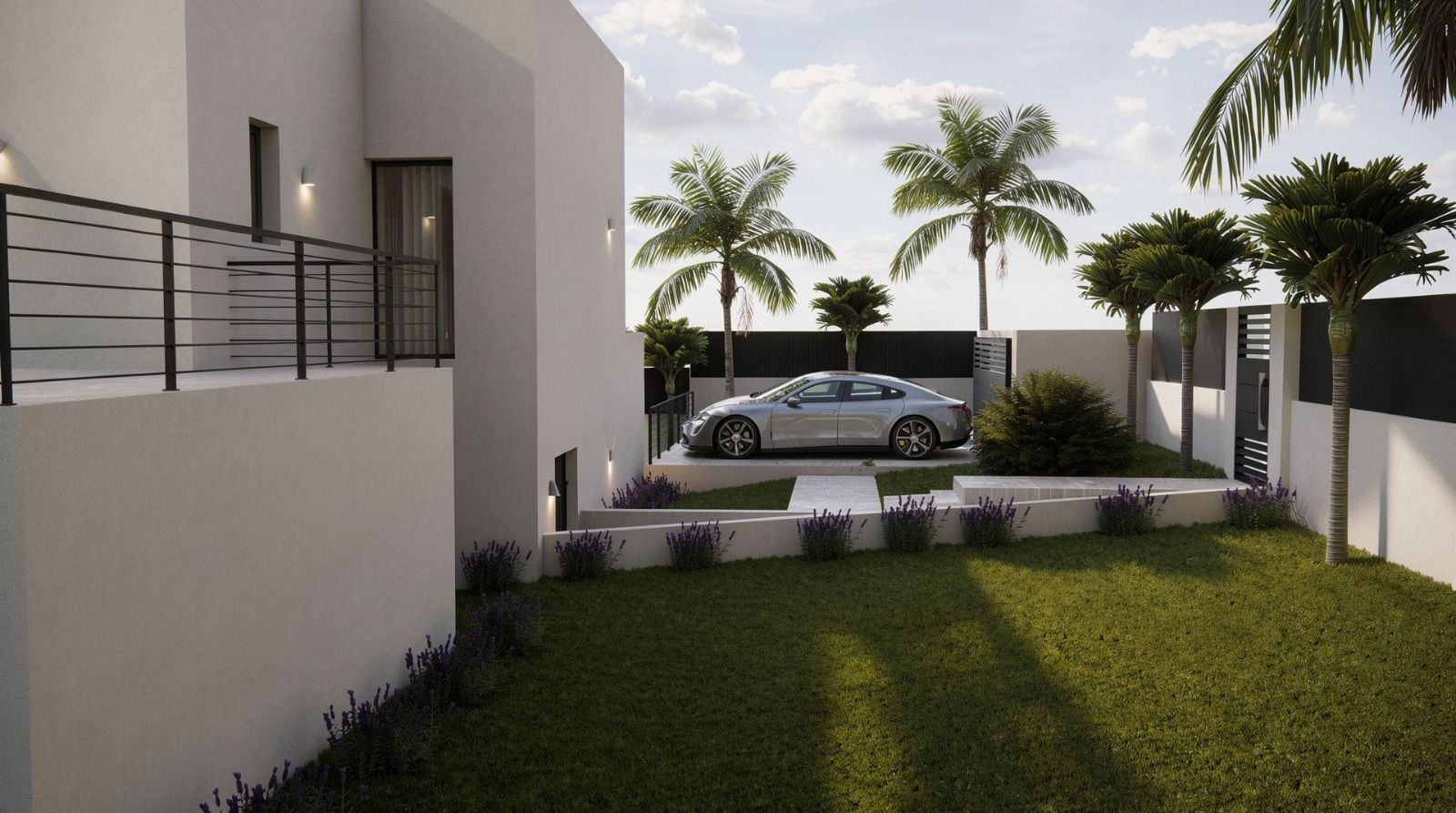 Vue extérieure de la façade moderne avec jardin paysager, bordures de lavande, palmiers et un espace de stationnement privé sécurisé par un portail noir.