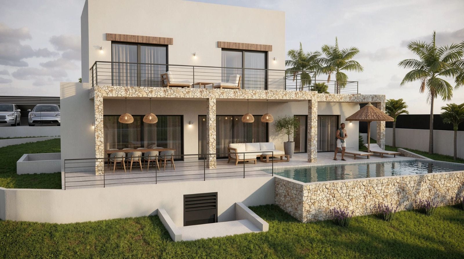 Vue extérieure de la villa avec façades blanches, piliers en pierre naturelle, piscine et vastes terrasses réparties sur trois niveaux d'habitation.