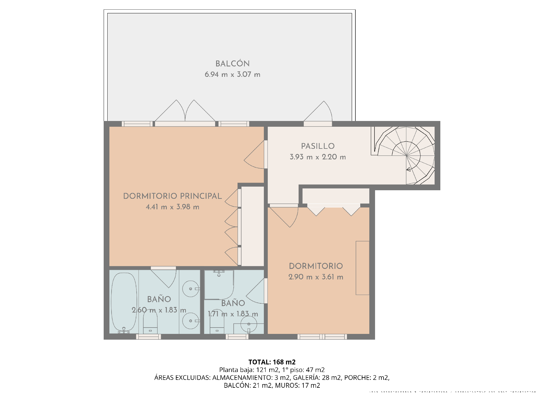 Plan d'architecte de l'étage supérieur comprenant la suite parentale, une seconde chambre avec salle de bain et un grand balcon de 21 m².