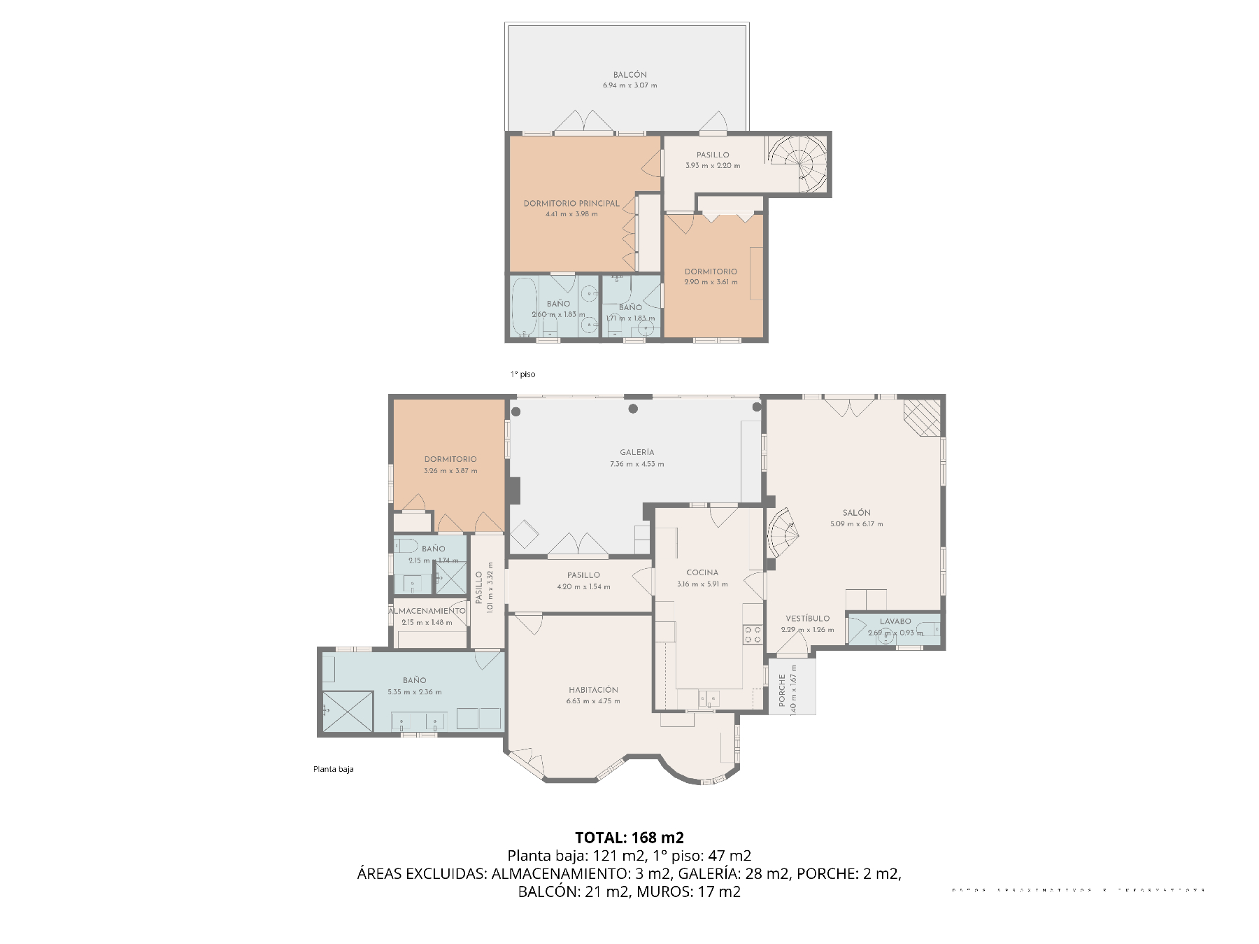 Plan d'étage technique détaillé de 168 m² sur deux niveaux, présentant la disposition des chambres, des salles de bains attenantes, d'une galerie et d'un balcon.