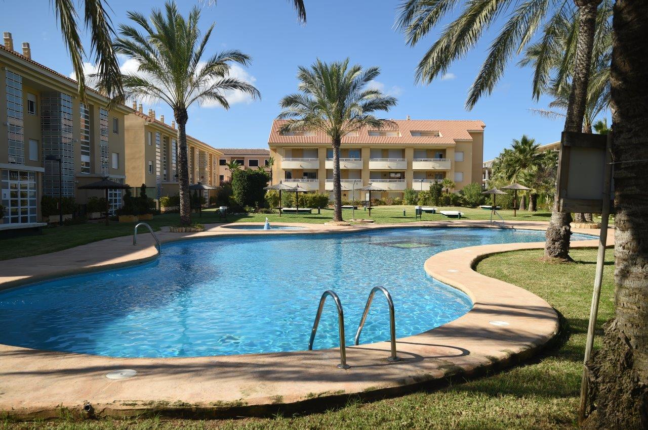Grande piscine communautaire aux formes arrondies, entourée de jardins méditerranéens avec palmiers et pelouses soignées.