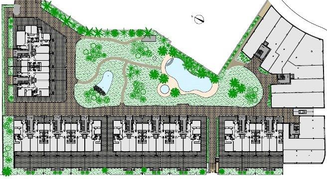 Plan de masse du complexe résidentiel montrant la disposition des bâtiments, les jardins paysagers et les piscines communautaires.