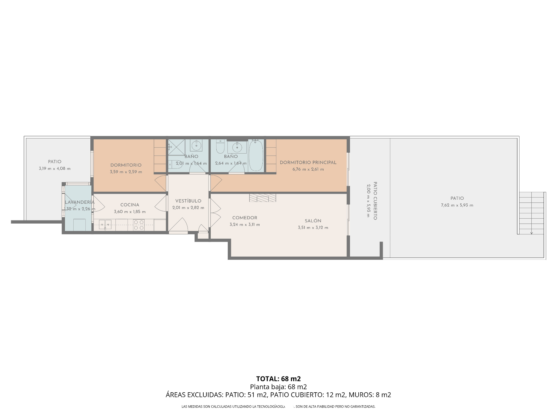 Plan détaillé de l'appartement au rez-de-chaussée de 68 m2 comprenant deux chambres, deux salles de bains et de vastes patios extérieurs.