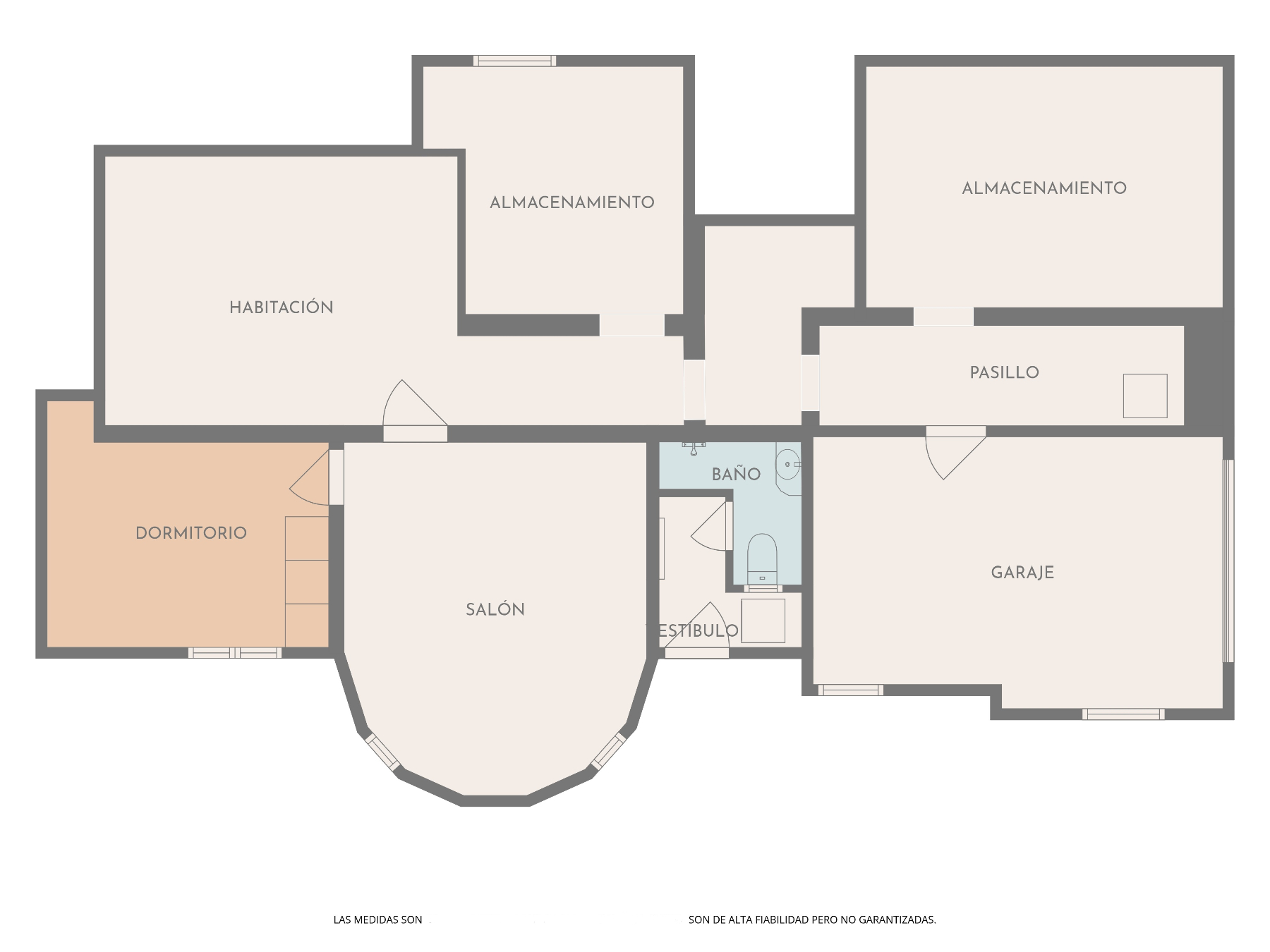 Plan d'architecte détaillé illustrant la disposition du salon circulaire, d'une chambre, du garage intégré et des zones de stockage.