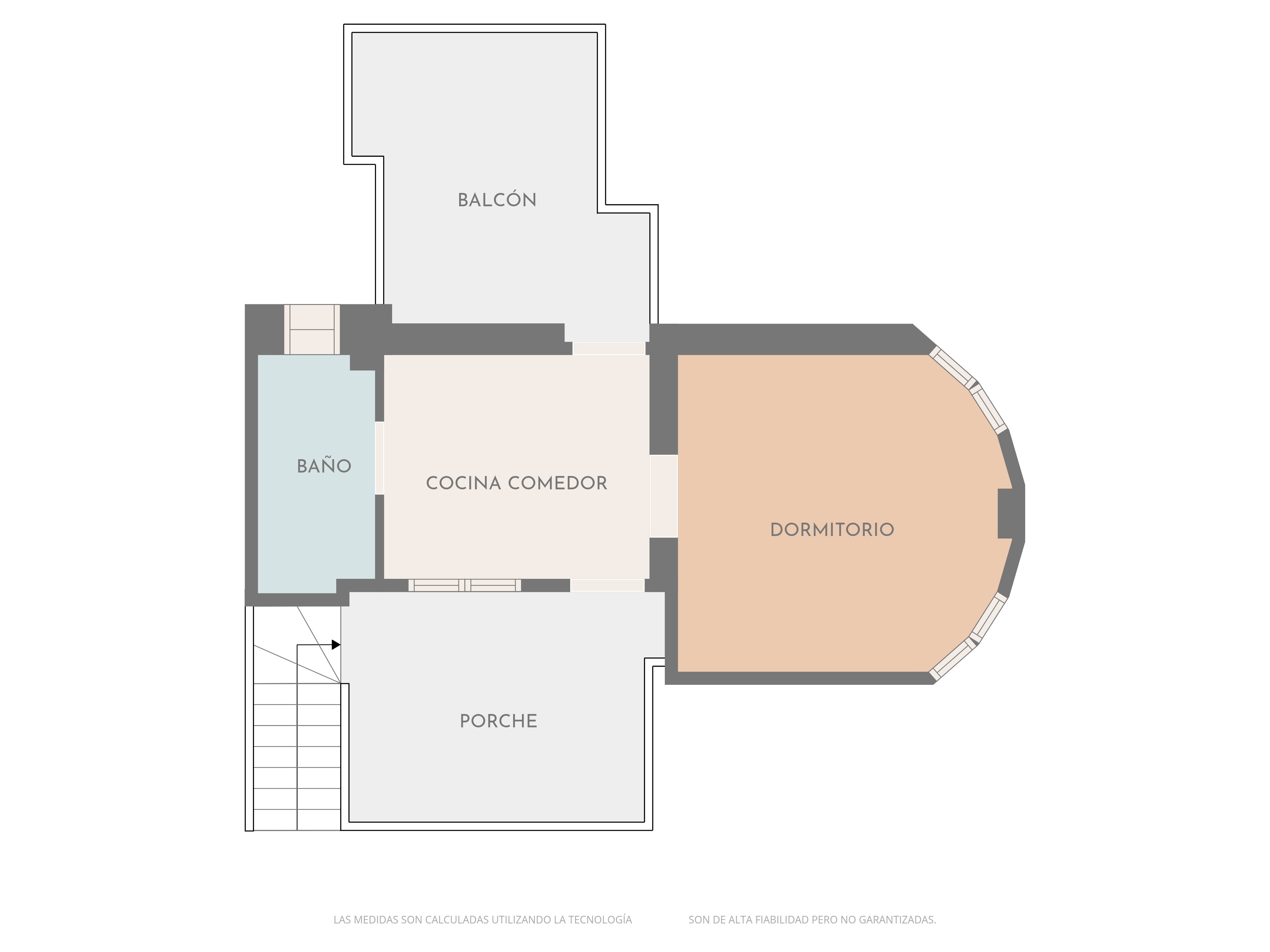 Plan d'étage détaillé montrant la disposition d'une cuisine-salle à manger, d'une chambre avec mur incurvé, d'une salle de bain, d'un porche et d'un balcon.