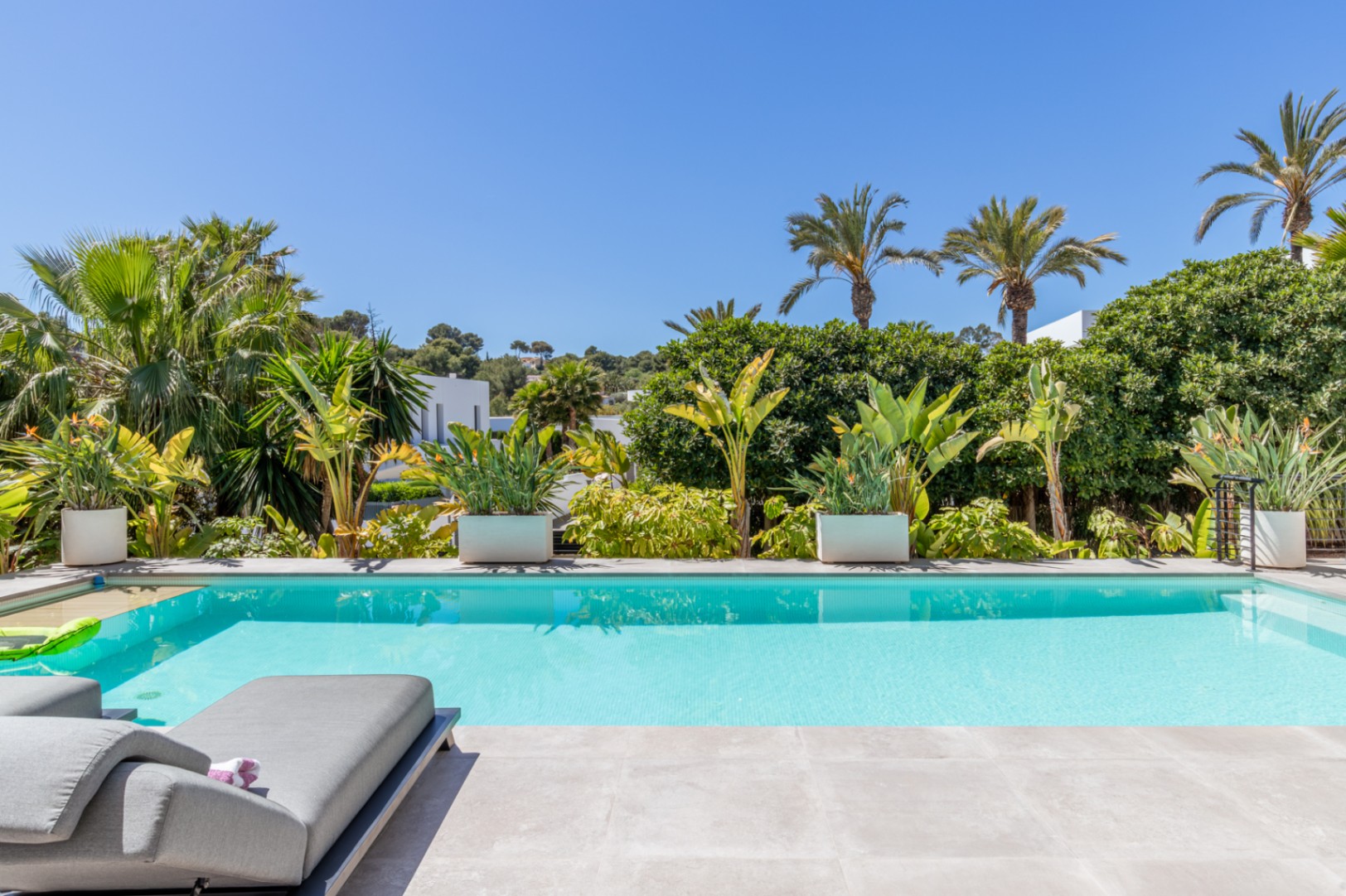 Piscine rectangulaire bordée d'une terrasse en pierre claire, entourée d'une végétation méditerranéenne luxuriante et de palmiers assurant une intimité totale.
