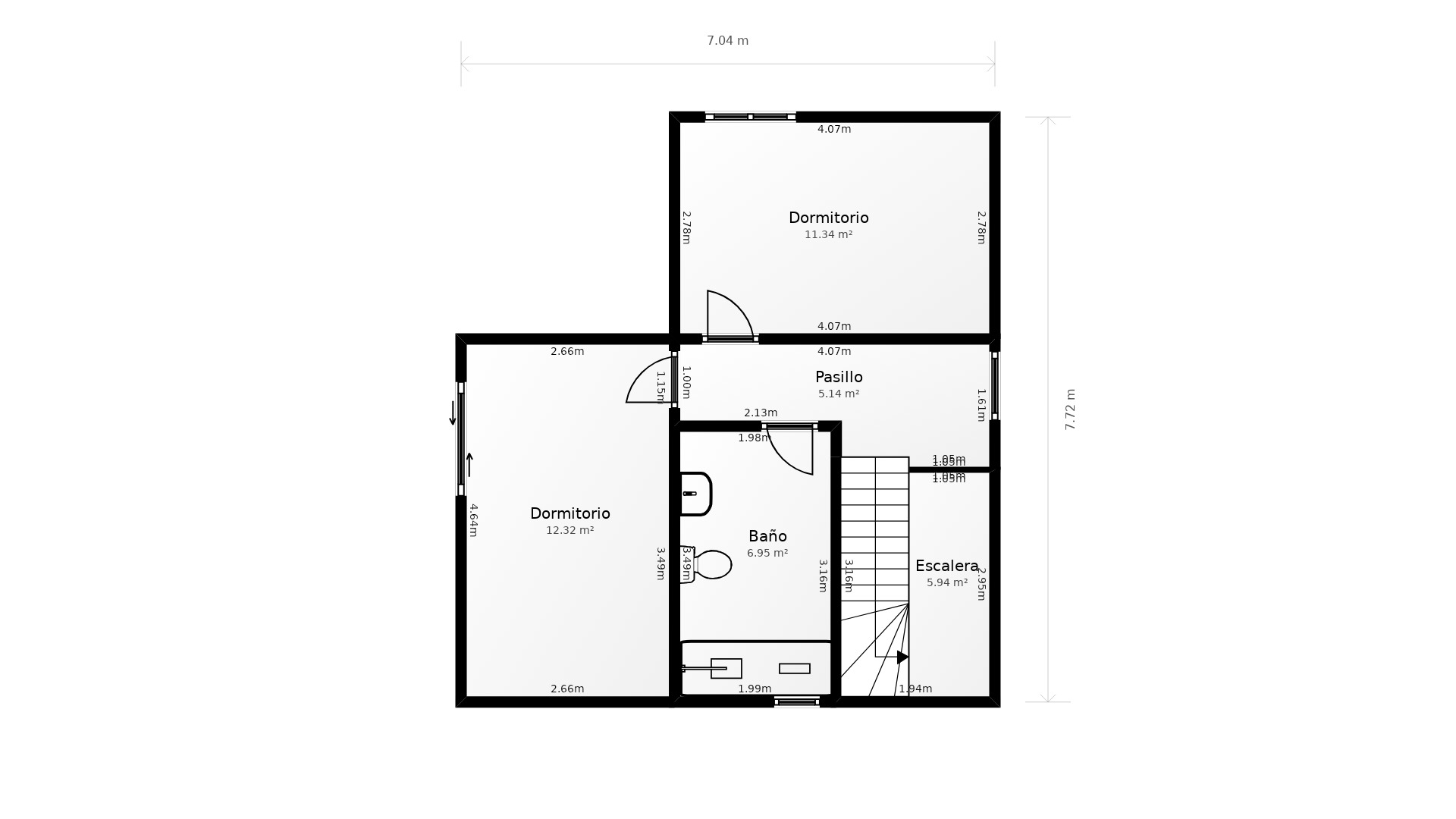 Plan d'architecte de l'étage supérieur comprenant deux chambres, une salle de bain, un couloir et l'escalier avec les mesures de chaque pièce.